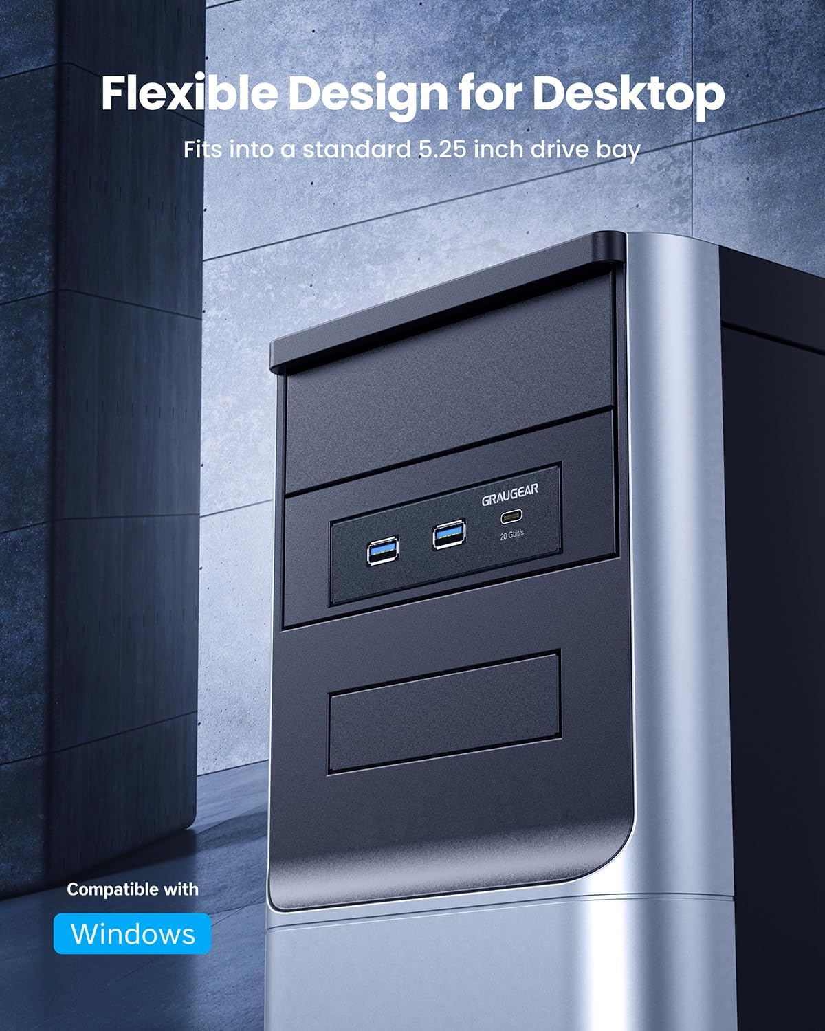 GRAUGEAR 5.25 Inch Internal USB Hub Front Panel – USB‑C 20Gbps + 2X USB‑A 5Gbps, Dual 2.5″ SSD/HDD Bays, Fits 5.25″ Bay, USB 3.2 A-Key 20-Pin & USB3.0 19‑Pin Headers, PC Case Desktop Expansion