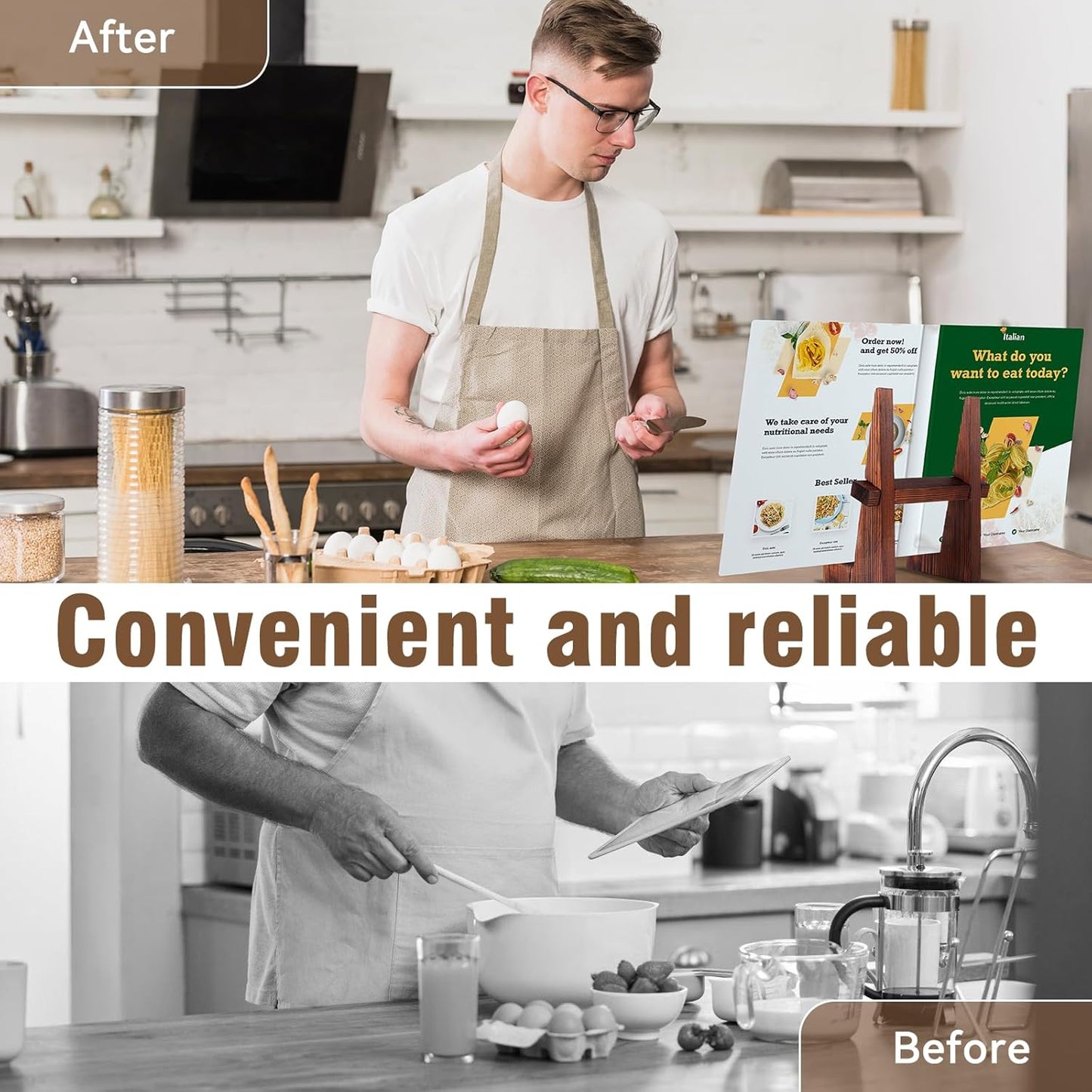 Cookbook Stand for Kitchen - 8.8 inch Wooden Cookbook Holder for Kitchen Counter Decor, Multifunctional Recipe Book Stand, Rustic Brown Recipe Book Holder Stand