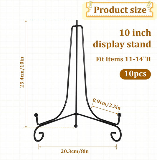 10 Packs Iron Display Stand, 10" Premium Black Iron Plate Stands Picture Stand Photo Stand for Display, Foldable Easel Stand Decorative Metal Plate Holders Display Stand for Frame Book Card Collection