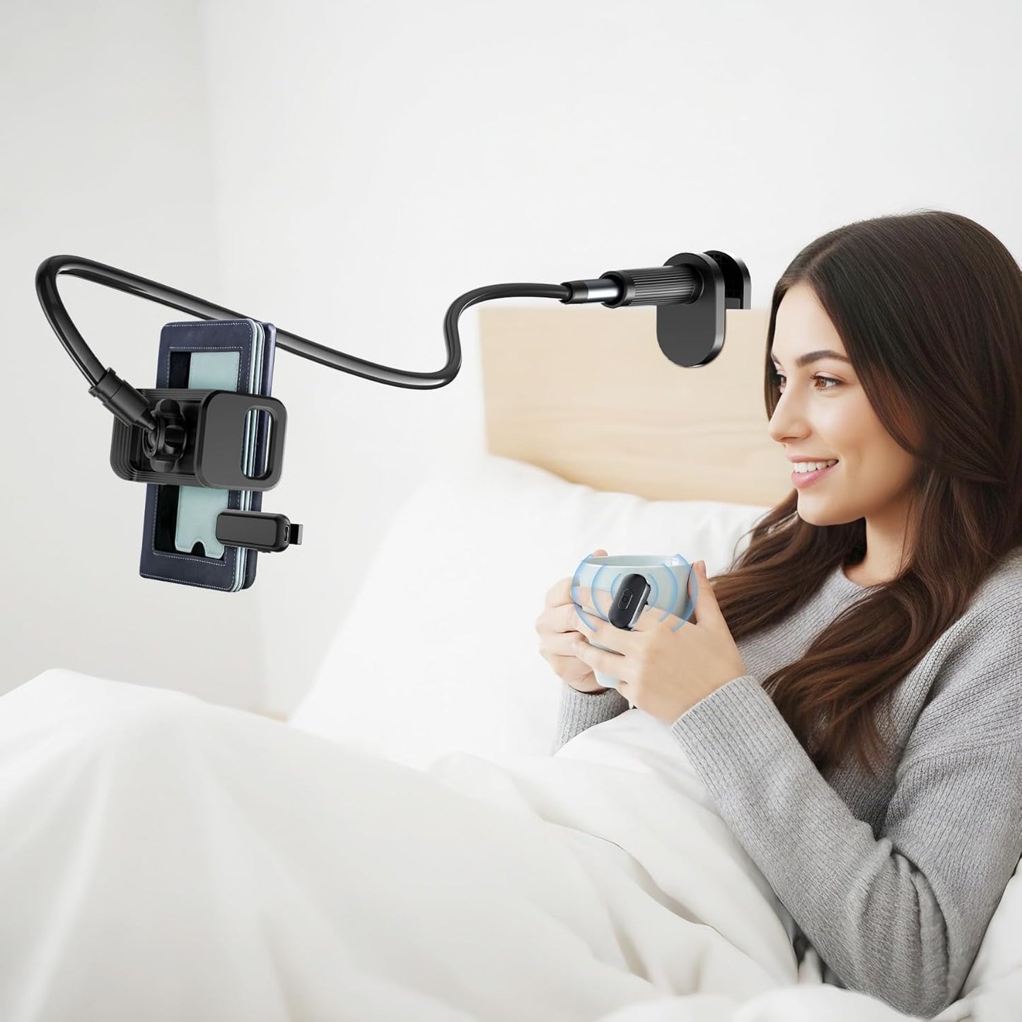 [Case-Friendly] Long Tablet Stand for Kindle with Page Turner Ring Remote, Gooseneck Holder for Reading in Bed with Clicker, eReader Accessories Gift for Readers Compatible with iPad iPhone Fire HD