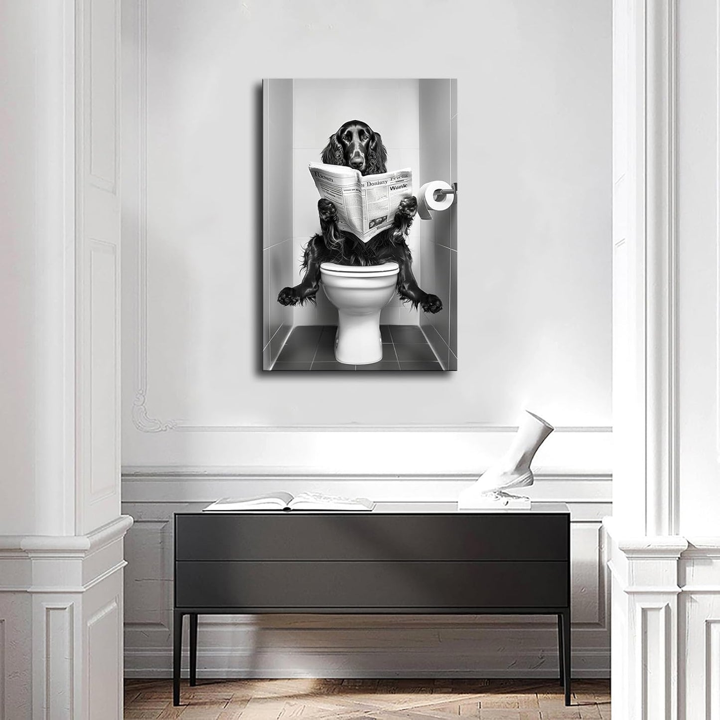 Black and White Animal Irish Setter Dog Sitting on The Toilet Bathroom and Reading A Newspaper Print Poster Picture HD Print Poster Retro Painted Modern Home Bedroom Room Aesthetic Decoration Canvas (08x12inch Framed)