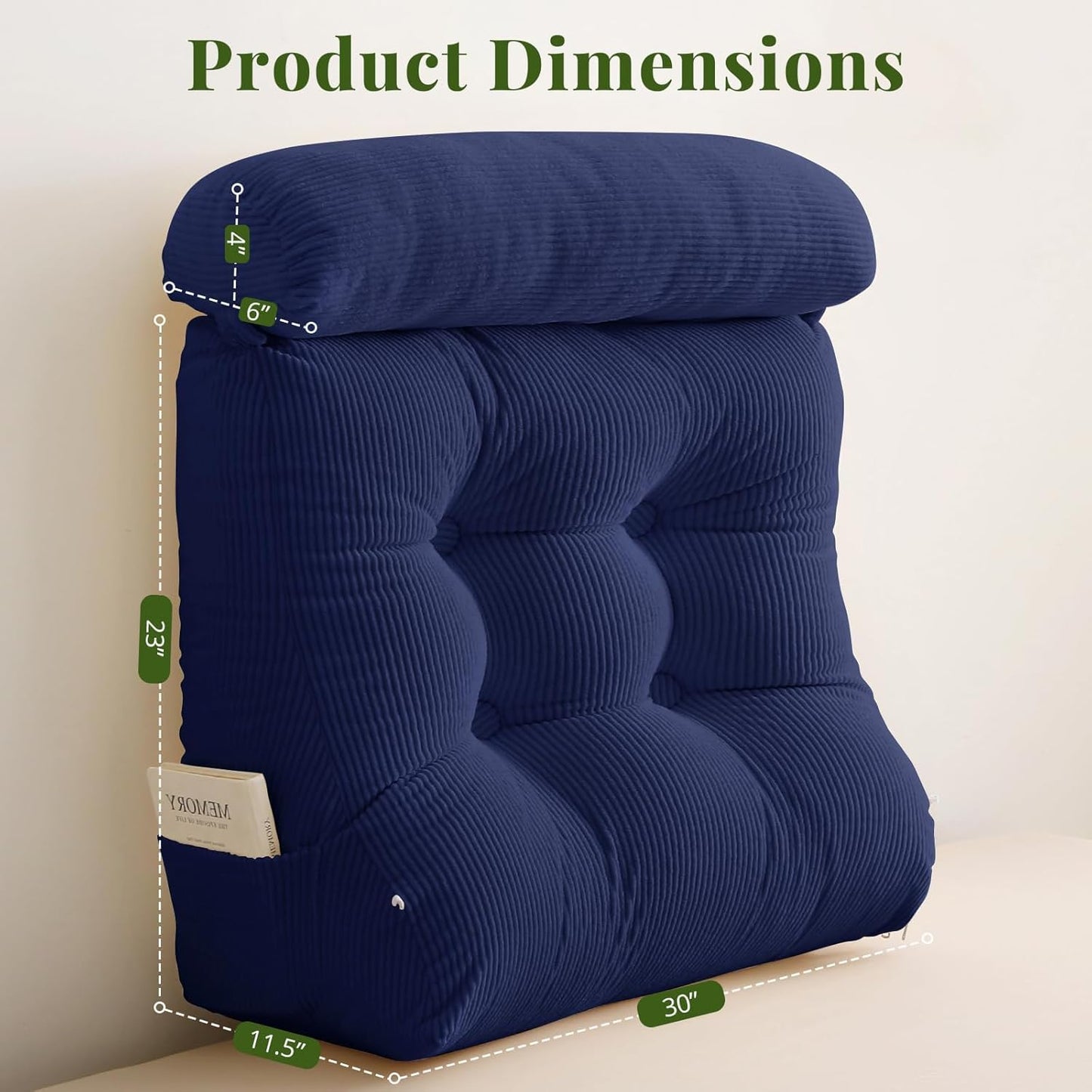 Sasttie Wedge Pillow Set, 2PCS Reading Pillow for Sitting, Bed Wedge Pillow Headborad for Sleeping, After Surgery, Acid Reflux, Leg and Back Support, with Neck Cushion, 23"x11.5"x30", Navy