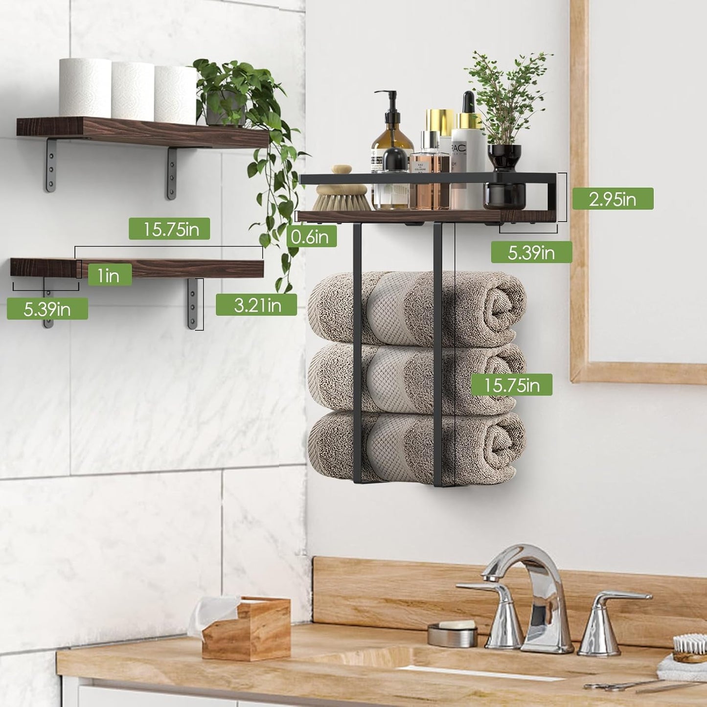 Towel Racks for Bathroom-Wall Mounted Floating Shelves for Wall Bathroom Bedroom Kitchen Living Room, Hanging Book Shelves Decor Bathroom Organizer, 16 inch Solid Wood, Carbonized Rustic Brown