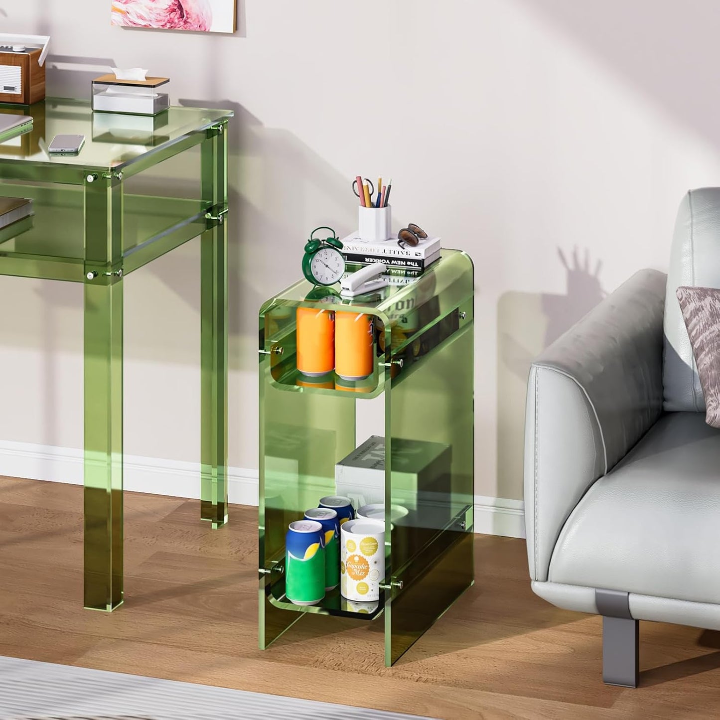 Clear Acrylic Side Table, Narrow Nightstand Bedside Table for Bedroom, Skinny Small End Table (Green, 8.7'' x 15.7'' x 21.7")