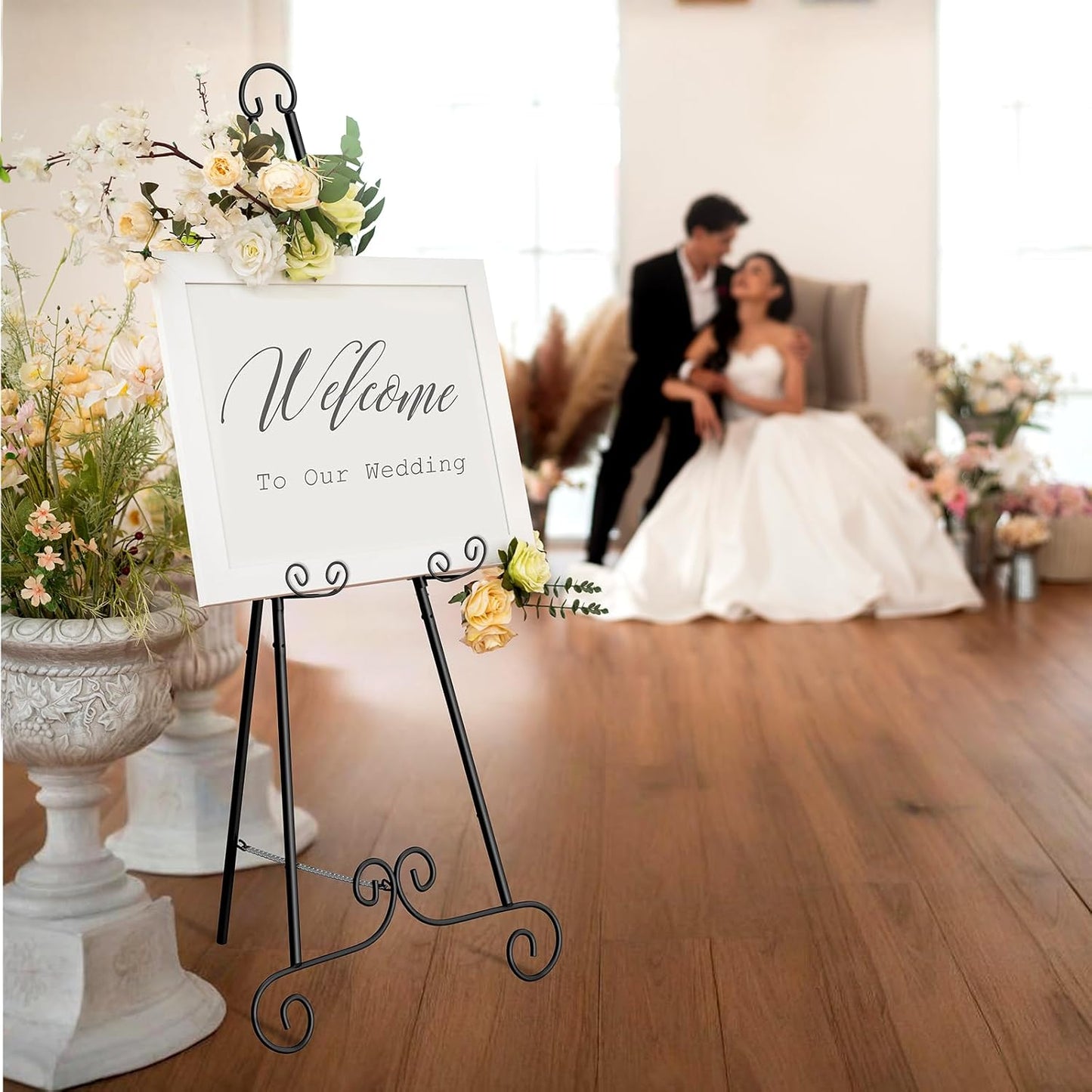 46" H Metal Round Tube Scroll Display Easel, Classic Black Decorative Large Adjustable Floor Standing Easel with Chain Support, Perfect for Showcasing Pictures, Artwork, Picture Frame Wedding Sign Etc