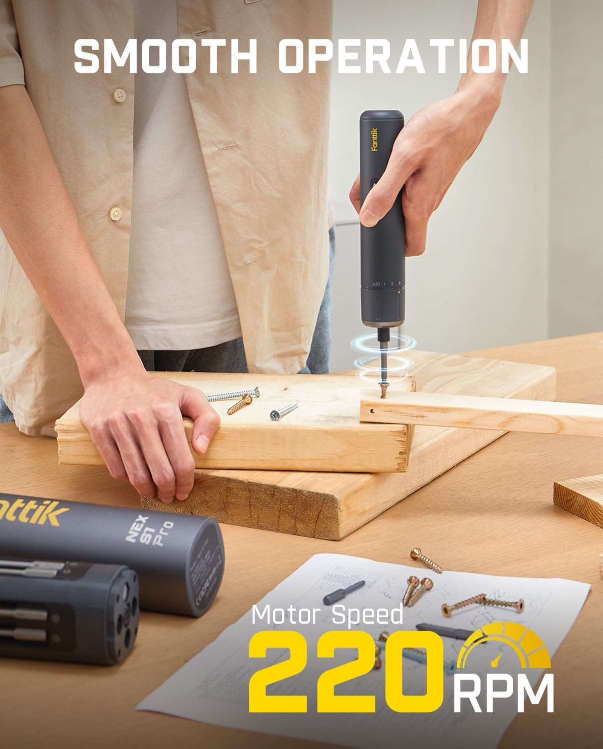 Fanttik S1 Pro Electric Screwdriver, Power Screwdriver with16 S2 Steel Bits, 3 Torque Settings, Max 6 N.m, 2000mAh Battery, LED Light & 1/4''Hex, Ideal Tool for Furniture & Gaming PC
