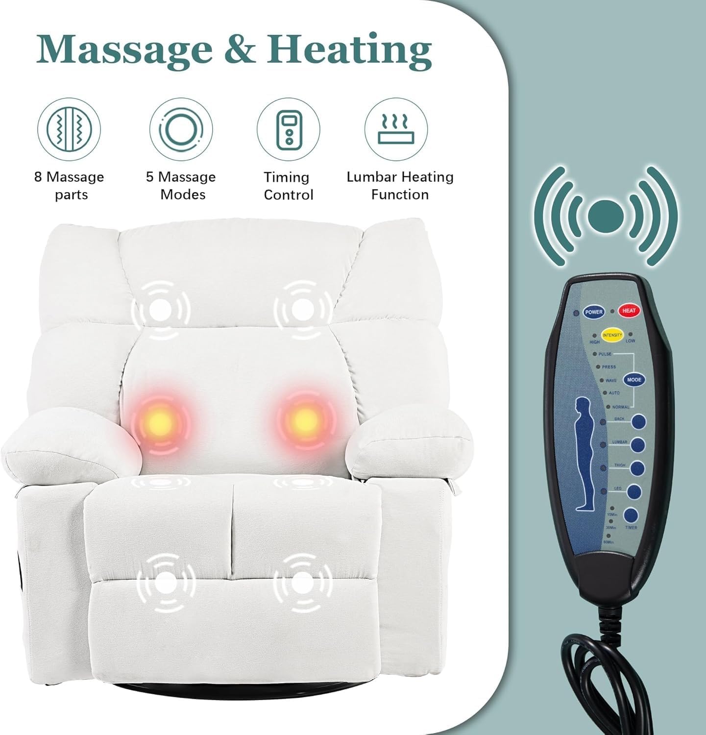 Power Recliner Chair with Massage and Lumbar Heating Adjustable Single Sofa with Remote Control Overstuffed Ergonomic Lounge Chairs for Living Room and Bedroom
