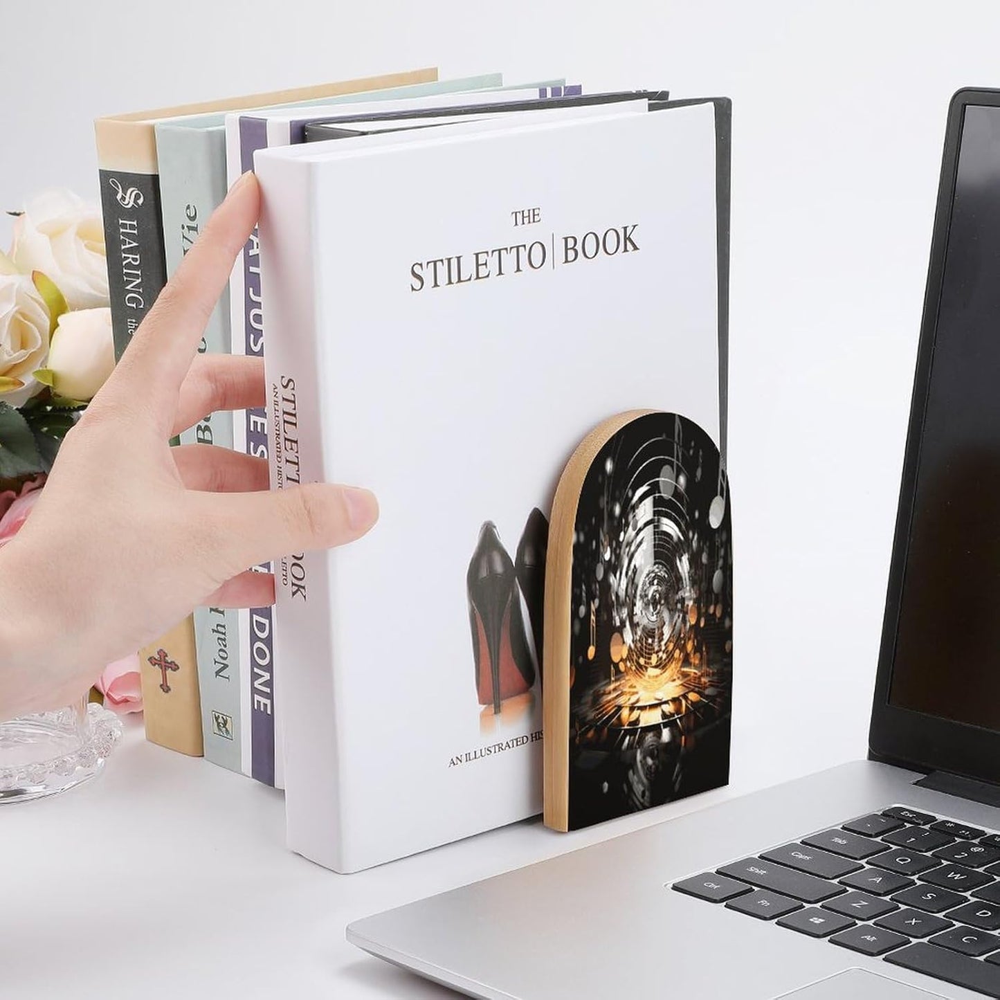 Musical Theme Music Clefs Bookends 1 Pair Heavy Duty Book Ends for Shelves Non-Skid Bookend Supports Wooden Book Holders with Metal Base Desk Organizers Books Storage to Hold Books
