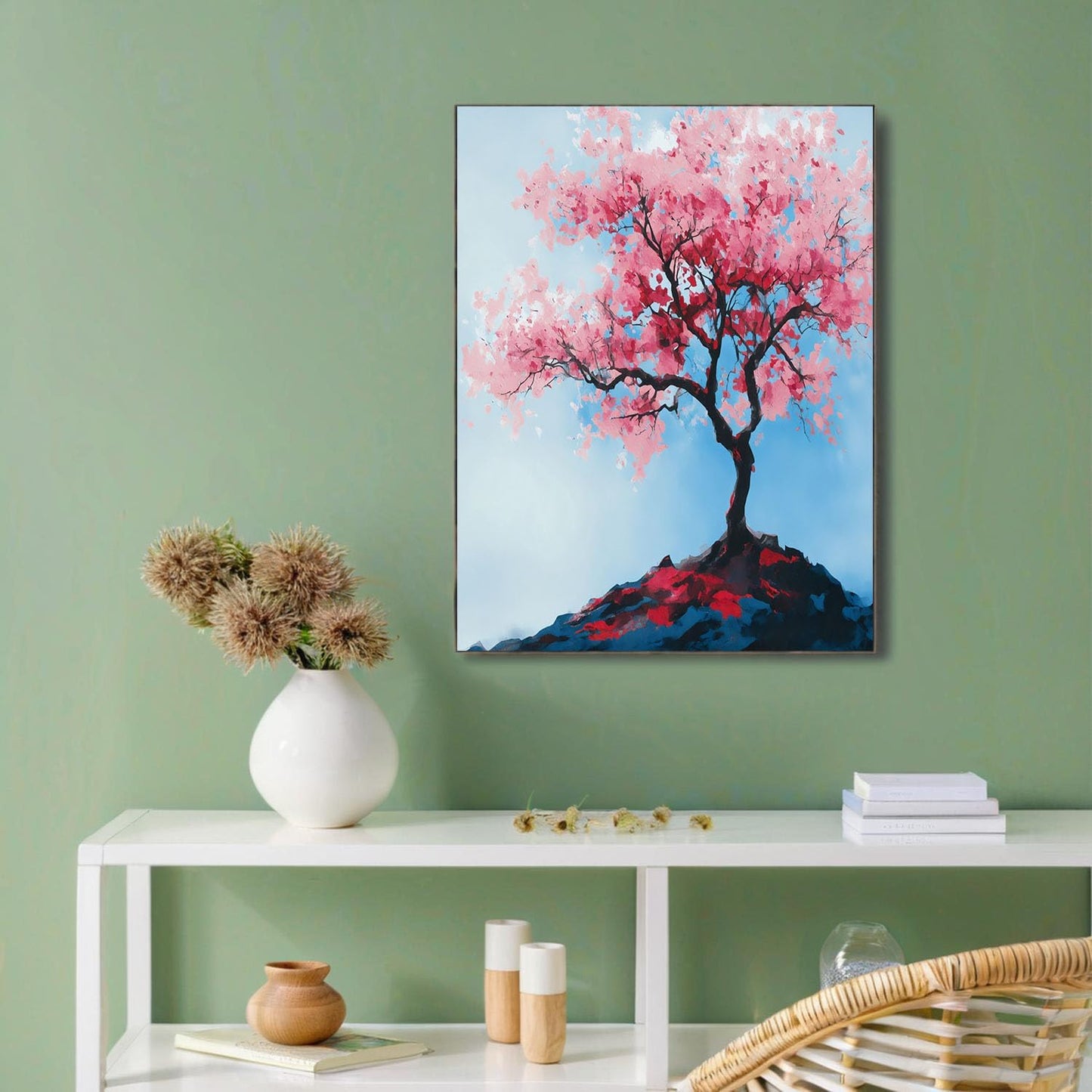 GDJSMIN Fantasy Ink Painting Wall Art, Pink Cherry Blossom Tree Poster For Reading Room Living Room Decor 16X 24 Inch Unframed