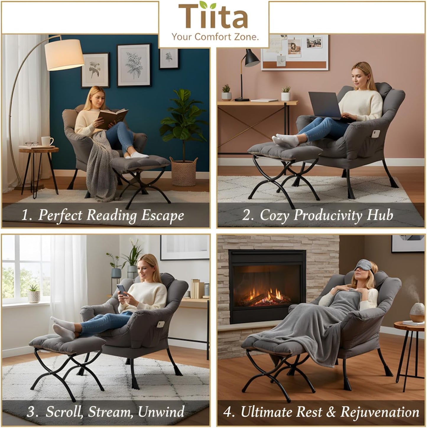 Tiita Lazy Chair with Ottoman, Gray Modern Large Accent Chair, Comfy Leisure Sofa Armchair with Ottoman, Reading Chair with Footrest for Bedroom, Living Room, Dorm Rooms, Garden Dark Grey