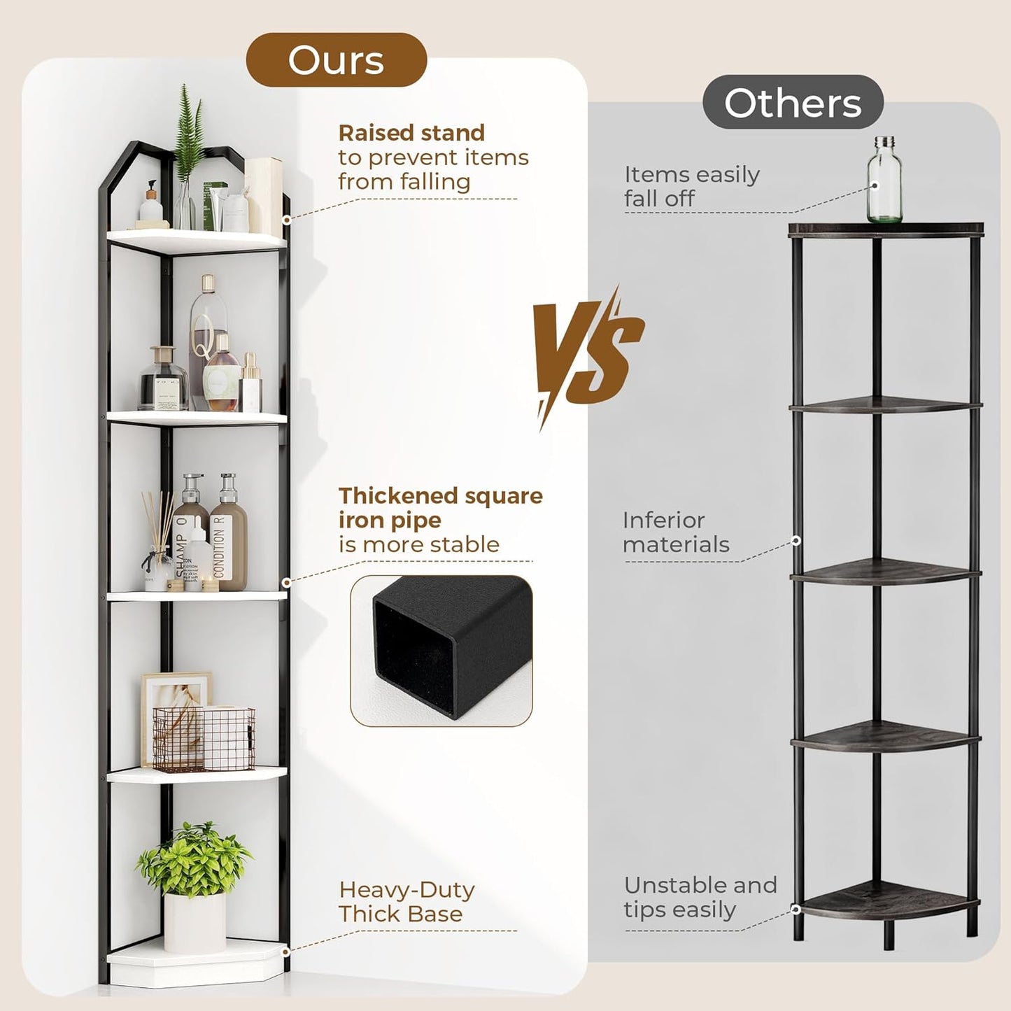 5 Tier Corner Wall Shelf Stand, 70" Metal Corner Shelves Bookshelf Display Shelf for Living Room Decor, Tall Plant Stand Multi Unit Organizer, Standing Shelf for Bedroom,Bathroom,Small Space (White)