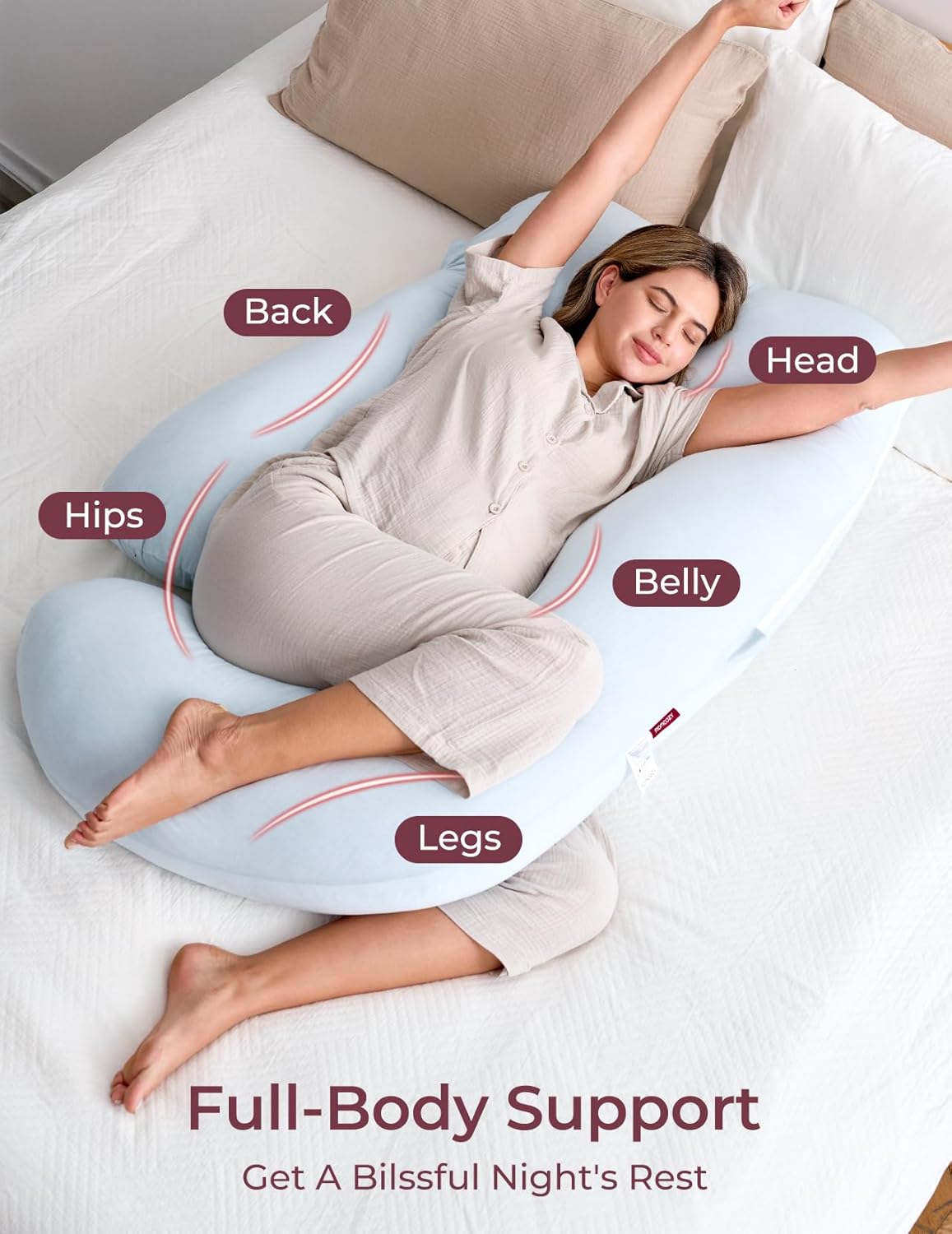 Momcozy Pregnancy Pillows for Sleeping, U Shaped Full Body Pillow for Pregnancy Women with Removable Jersey Cotton Cover, 57 Inch Maternity Pillow, Light Blue