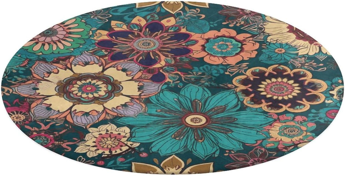 Bohemian Flower Circle Rug Retro Luxury Coral Velvet Floor Mat Non Slip Soft Indoor Floor Carpet Comfy Thickened Area Rugs Modern Aesthetic Minimalist Carpets for Home Decor