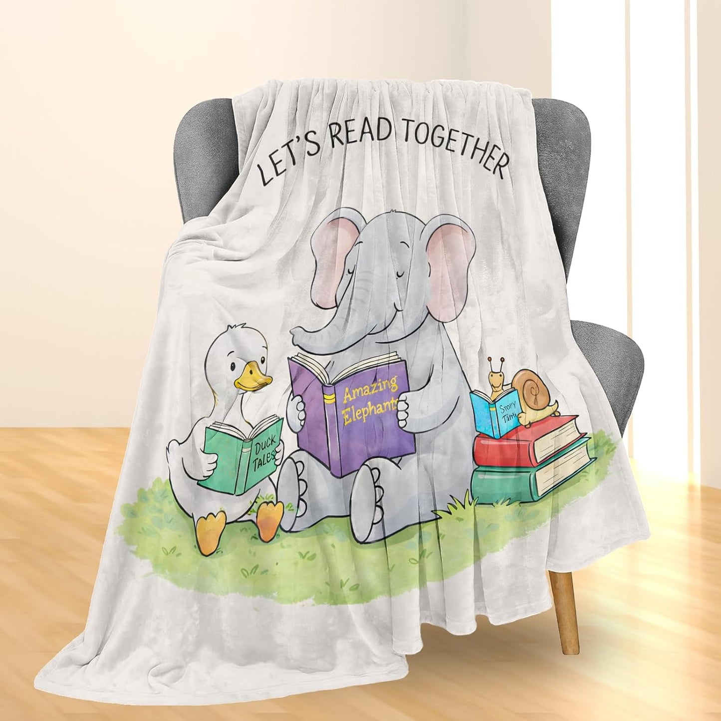 Cute Elephant Duck and Snail Reading Books Blanket Gifts, Flannel Throw Blanket for Couch, Bed, Travel & Home Decor, Cozy Lightweight Fuzzy Warm Blankets for Women Kids Girls 60×50 in