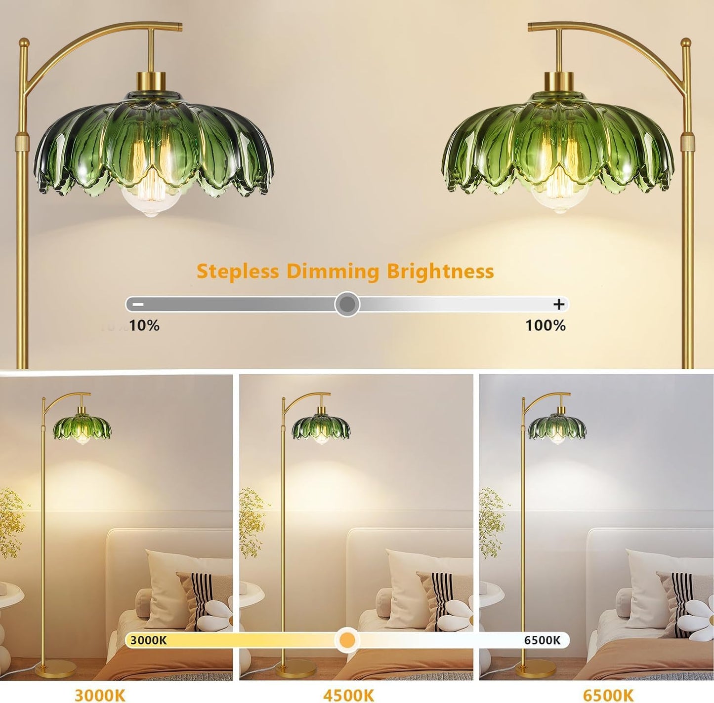 Gold Floor Lamp for Living Room Bedroom with Remote,Unique Vintage Standing Tall Lamp,Mid Century Modern Floor Lamps with Dimmable Bulb,Arc Green Glass Floor Lamps for Office Corner