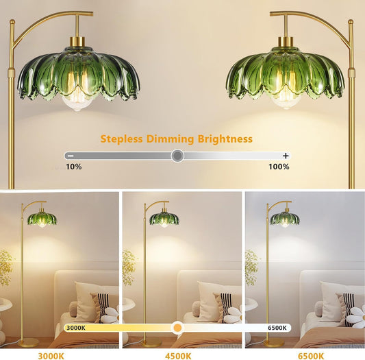 Gold Floor Lamp for Living Room Bedroom with Remote,Unique Vintage Standing Tall Lamp,Mid Century Modern Floor Lamps with Dimmable Bulb,Arc Green Glass Floor Lamps for Office Corner
