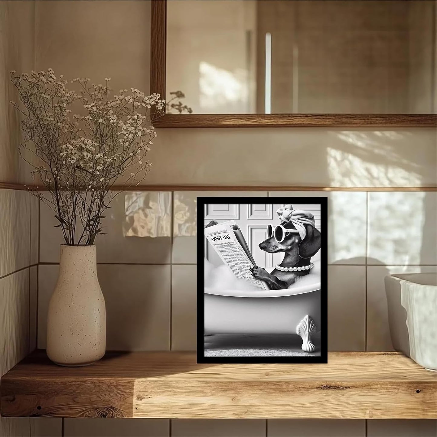 Framed Black and White Funny Cat and Dog Wall Art Set of 2 Canvas Prints, Vintage Animals Reading Newspaper Wall Decor, Humorous Pet Bathroom Decor Pictures with Wood Frame Acrylic Front for Bathroom Decor 12x16IN