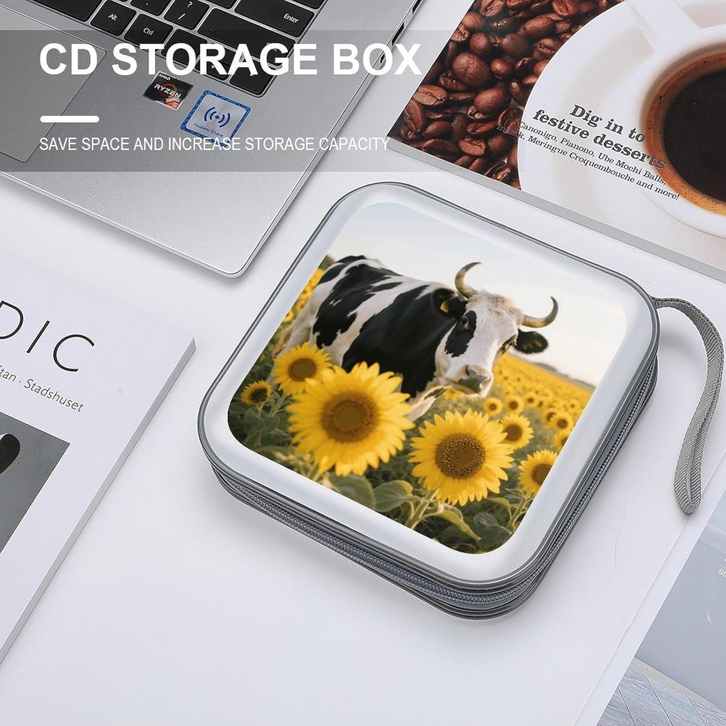 Cow Sunflowers CD Case Portable Zipper CD Case 40 Capacity Hard Plastic DVD Cases Holder Large Storage Disc Wallet Bag for Car Home Travel DVD Collection Bag