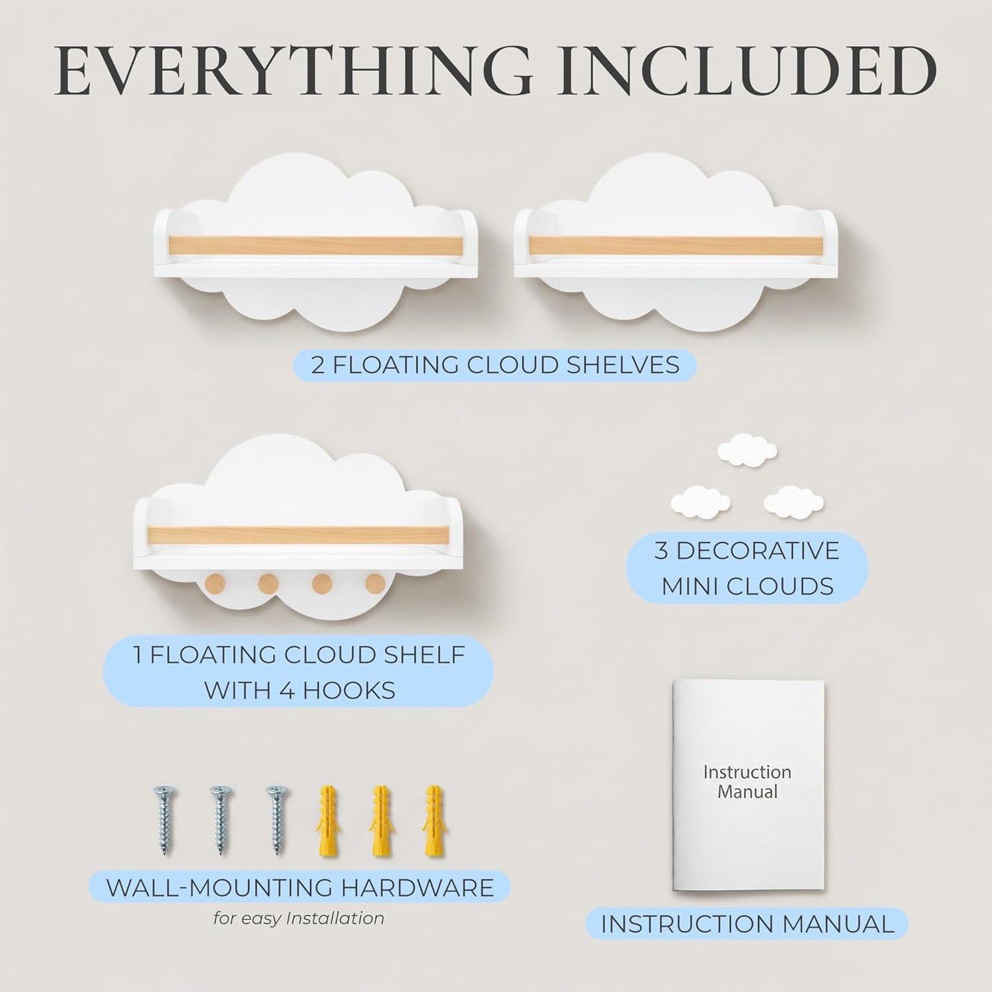 Cloud Floating Shelves Nursery Set of 3 with Decorative Mini Clouds – Wall Mounted Kids Bookshelf with Hooks, Solid Pine Rail, 15 lb Per Shelf Capacity, Nursery & Toddler Wall Decor