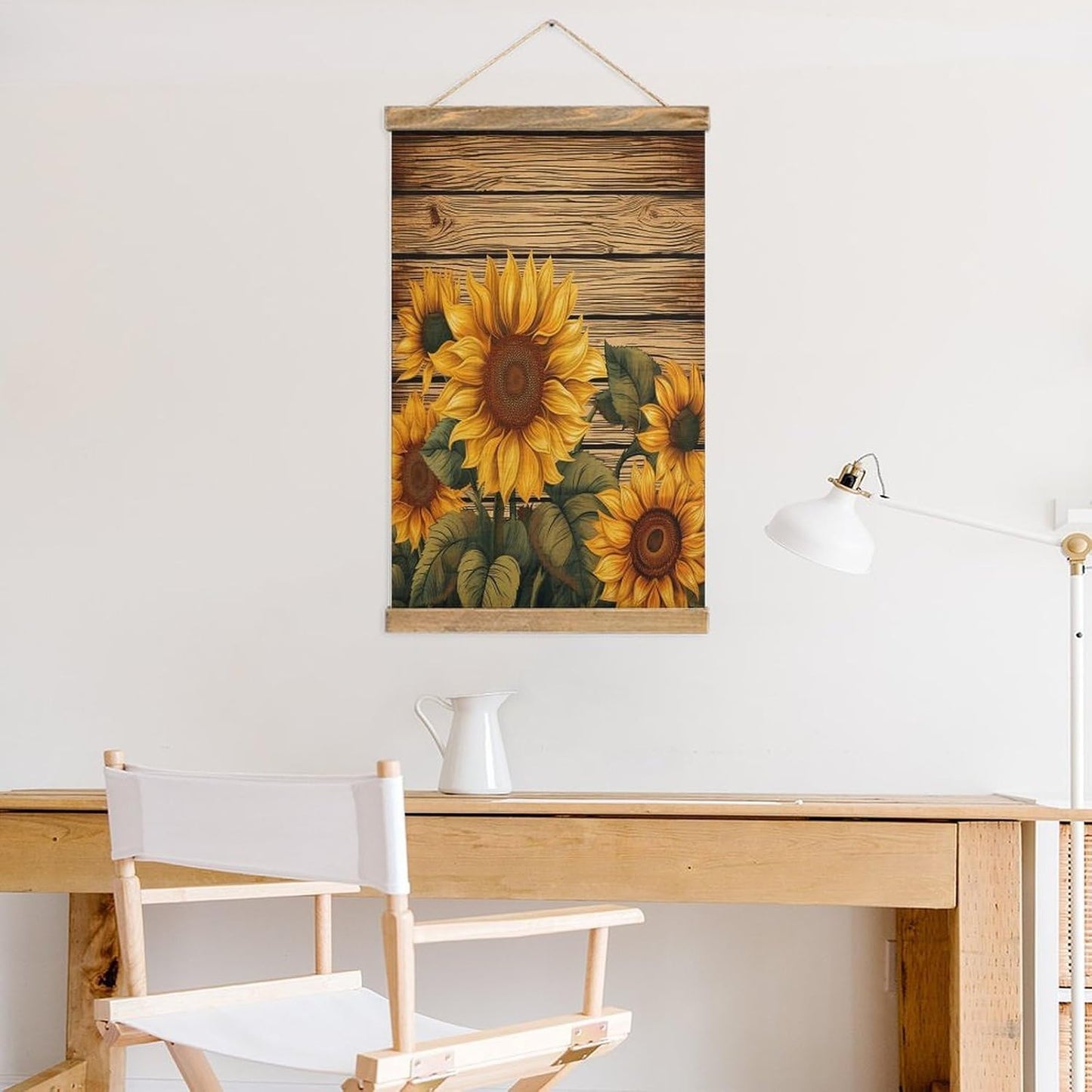 Vintage Paint Wooden Board Sunflower Poster with Wooden Frame Personalized Linen Hanging Scroll Painting Rustic Wall Hanging Illustrative Modern Artwork Decor for Home Living Room Bedroom Office