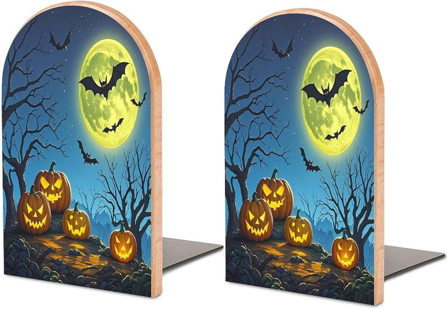 Strange Night Bookends 1 Pair Heavy Duty Book Ends for Shelves Non-Skid Bookend Supports Wooden Book Holders with Metal Base Desk Organizers Books Storage to Hold Books