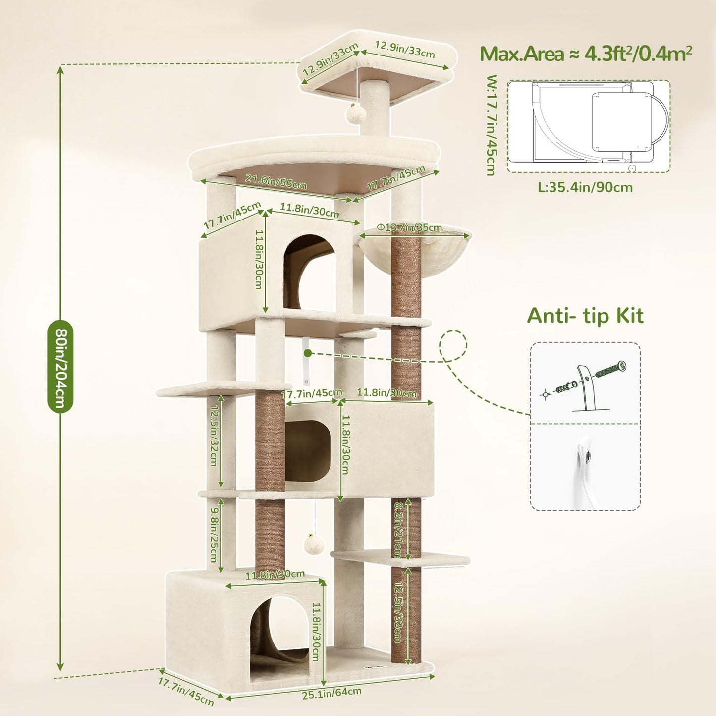 Globlazer Extra Large Cat Tree Tower for Indoor Cats Large Adult, 80in Tall Heavy Duty Cat Tree with 3 Spacious Cat Condos, Oversized Fan-Shaped Perch, 6 Full Sisal Scratching Posts, S80, Beige