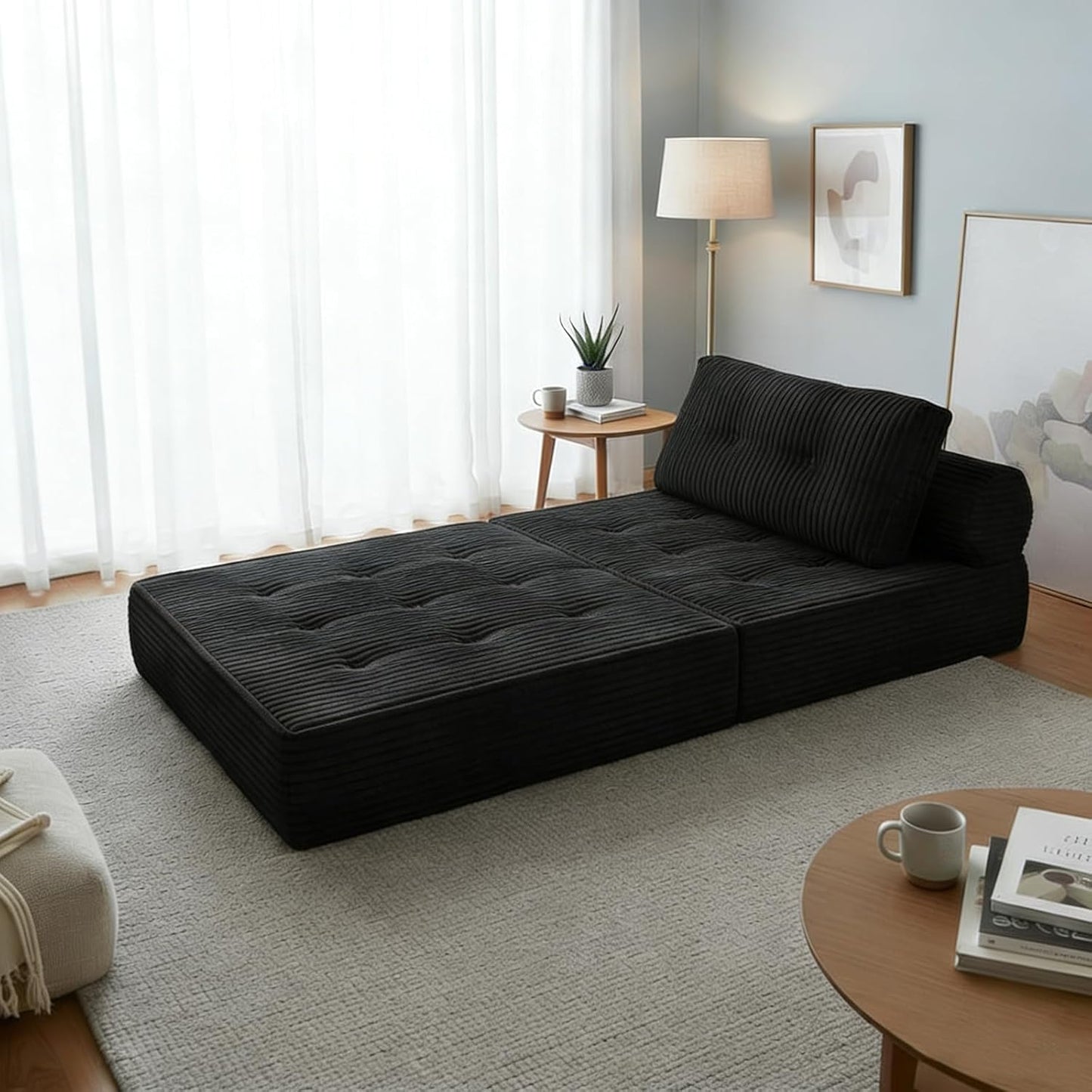 Folding Sofa Bed, Convertible Couch Chair with Pillow, Boneless Velvet Foldable Sleeper Sofa with Back Support, Portable Fold Out Lounger for Living Room, Apartment & Dorm, Dark Grey Corduroy | Lumbar Pillow