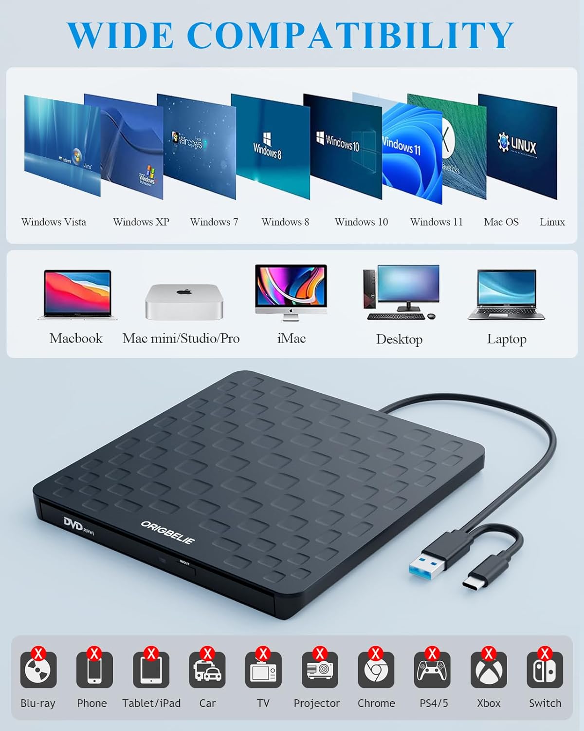 External CD DVD Drive for Laptop, USB 3.0 Type-C Ultra Slim 13mm DVD Player Portable CD DVD +/-RW Drive CD Burner Reader Writer Recorder for Desktop PC Windows 11/10/8/7 Linux Mac OS (Black)