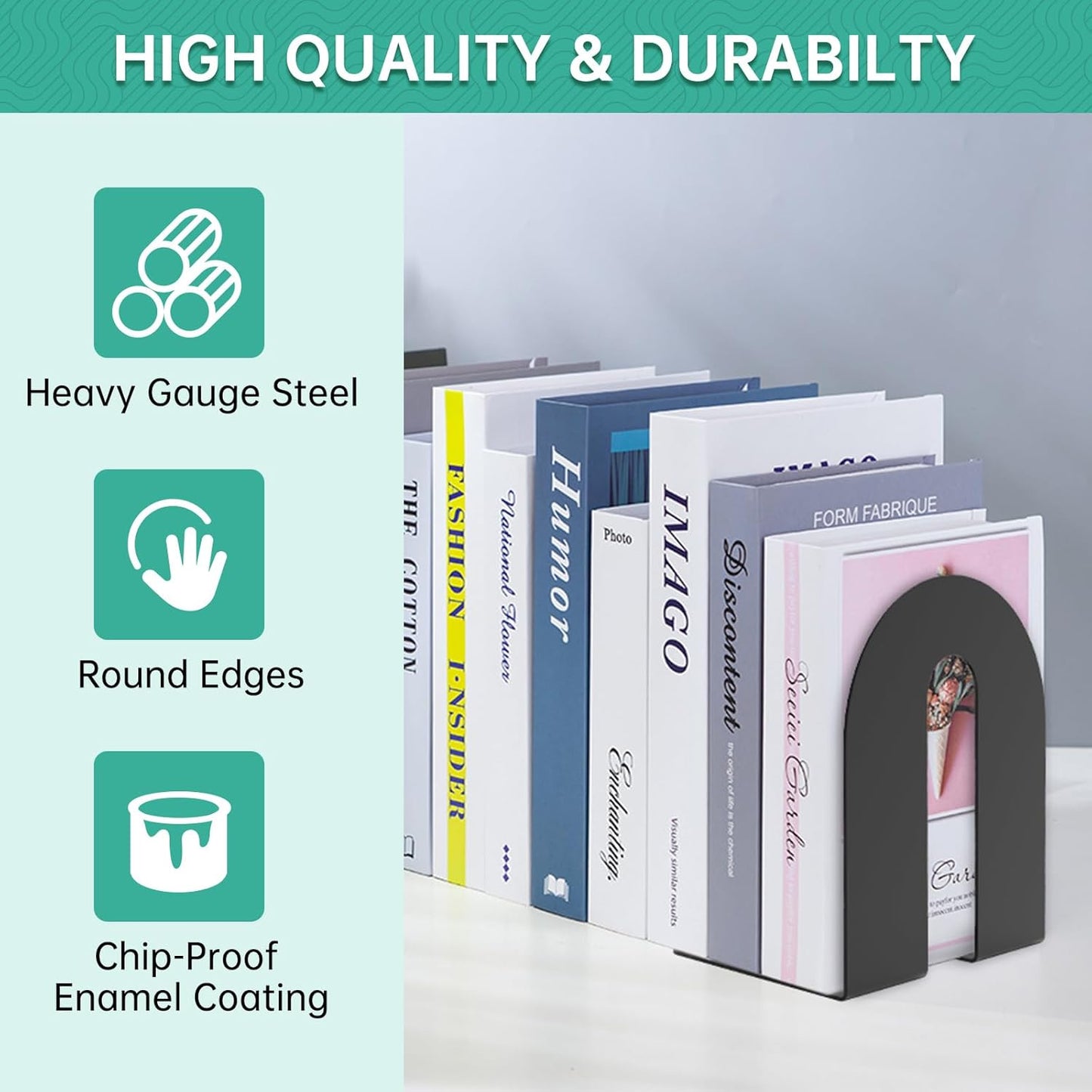 Heavy Duty 10" Bookends, 1 Pair Black Heavy Duty Bookends, Bookend Stopper for Heavy Books, for Office, Bookshelves, Binders & Books