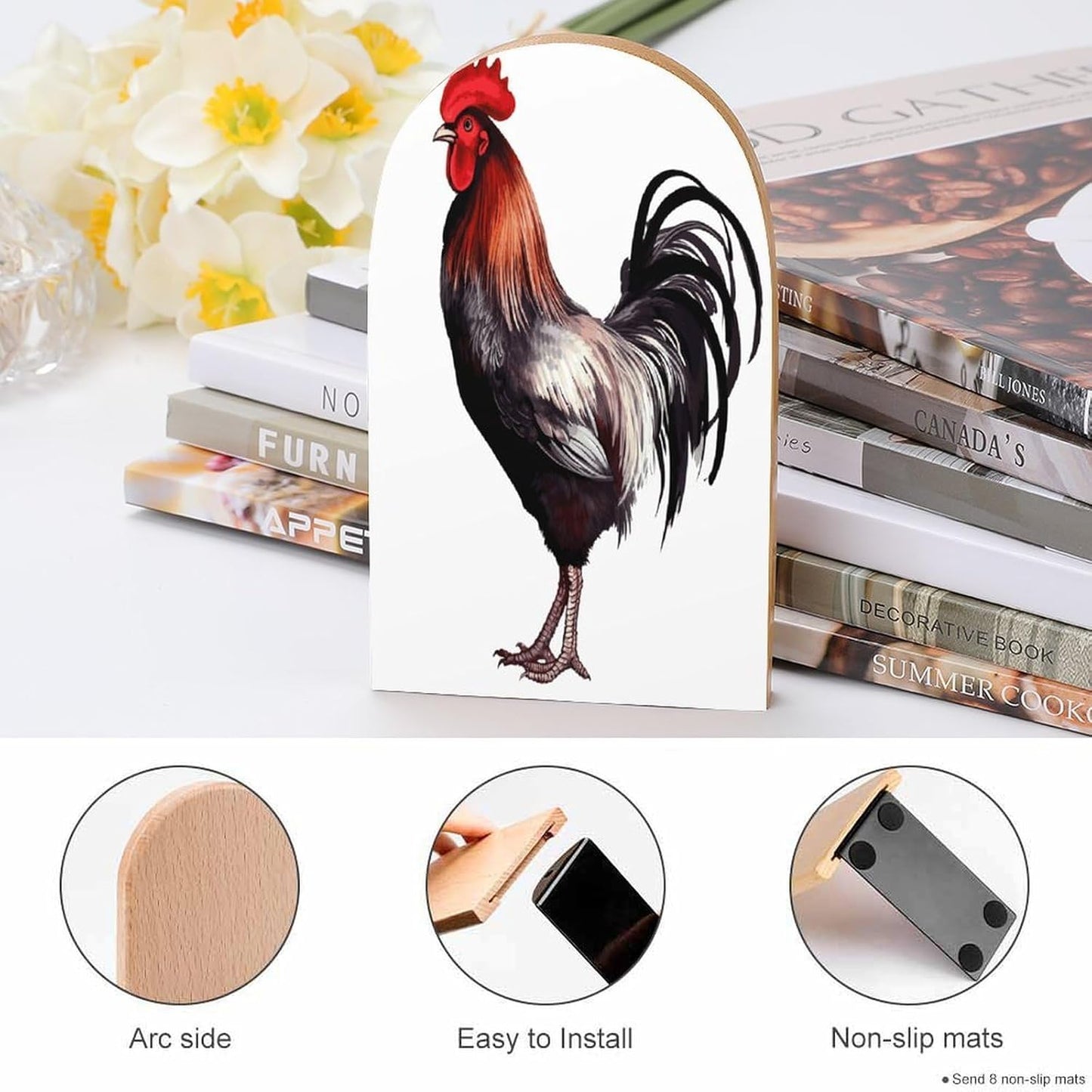 Rooster Bookends 1 Pair Heavy Duty Book Ends for Shelves Non-Skid Bookend Supports Wooden Book Holders with Metal Base Desk Organizers Books Storage to Hold Books