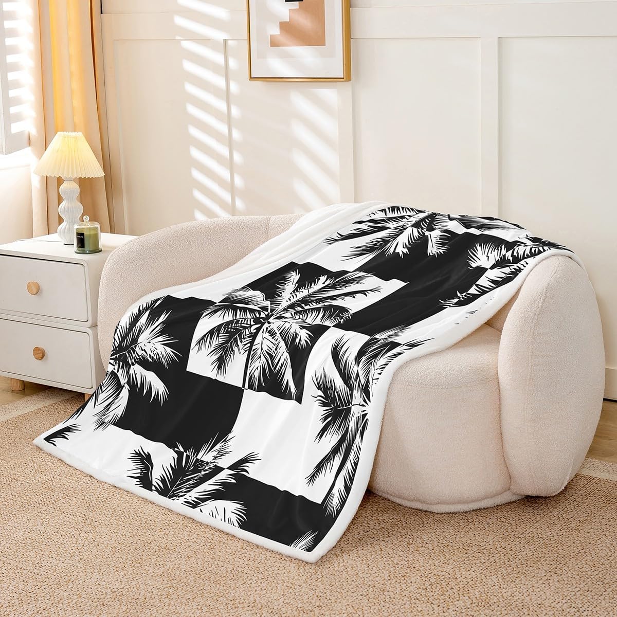 Feelyou Palm Tree Print Sherpa Blanket Tropical Palm Leaf Throw Blanket for Couch Bed Sofa Black White Geometric Square Decor Fleece Blanket Hawaiian Nature Theme Fuzzy Blanket Baby 30"x40"