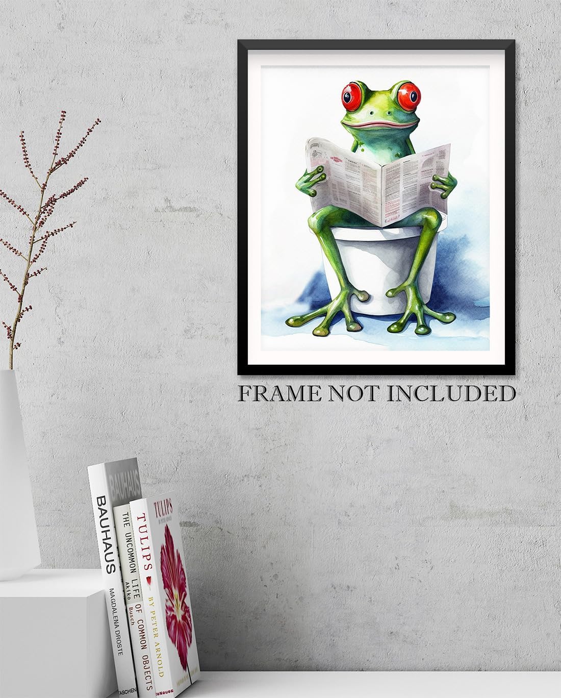 Funny Frog Sitting on the Toilet Reading a Newspaper 11x14 Unframed Wall Art Print - Cute Unique Christmas Birthday Mothers Day Cheerful Animal Print Gift Idea for Mom and Fun Humor Bathroom Decor