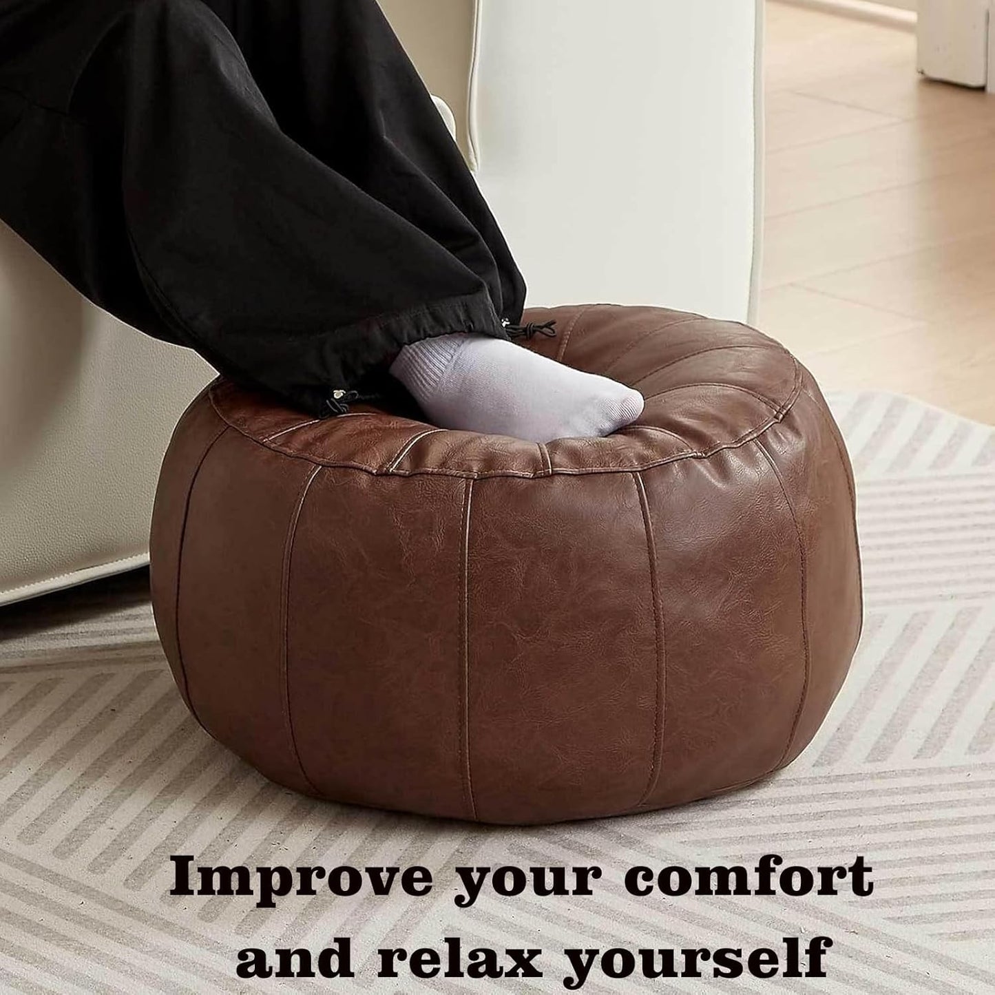 Louis Donné Unstuffed Pouf Stool Ottoman Footrest Cover Only Moroccan Vintage Storage Clothes Waterproof Faux Leather Small Bean Bag Cover Kits Reading Camping Travel pet Friendly (Only Cover)(Brown)