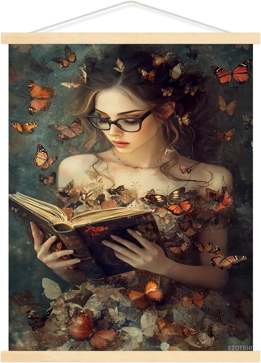 Reading Woman with Butterfly Canvas Wall Art, Dark Academy Picture Gothic College Aesthetic Wall Decor, Moody Victorian Female Scholar Poster Print, Bedroom Library Corner Bedroom Dorm, 12x16inch Framed