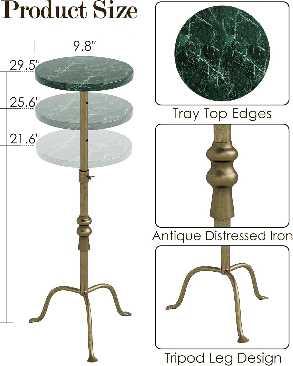 Adjustable Height Round Pedestal Table - 22-30 Inch, Modern Martini Cocktail End Table with Natural Travertine Top & Antique Brass Base for Small Spaces Living Room, Bedroom (Green Marble)