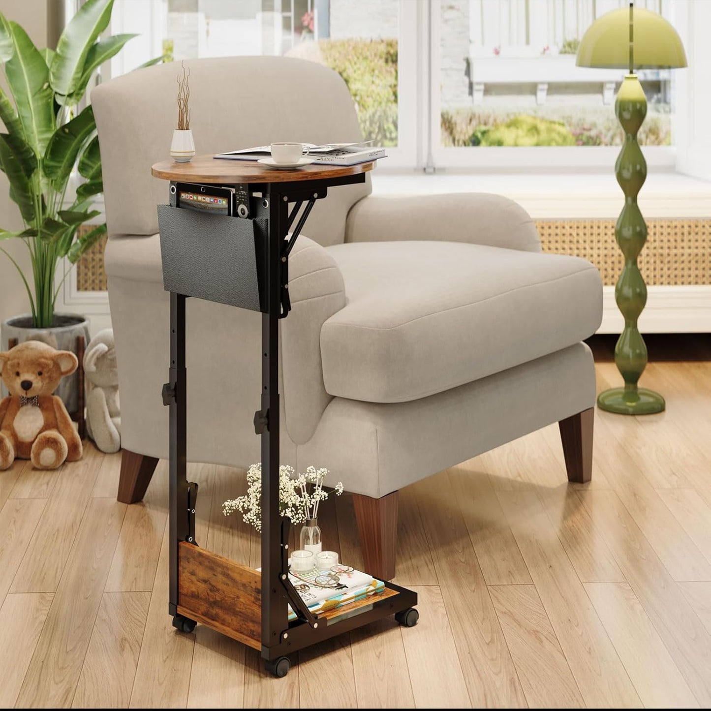 HavenlyYouth Folding C Shaped End Table, Small Side Table with Storage Bag for Sofa, Couch Table with Wheels, TV Tray Table for Living Room, Bedroom, Rustic Brown