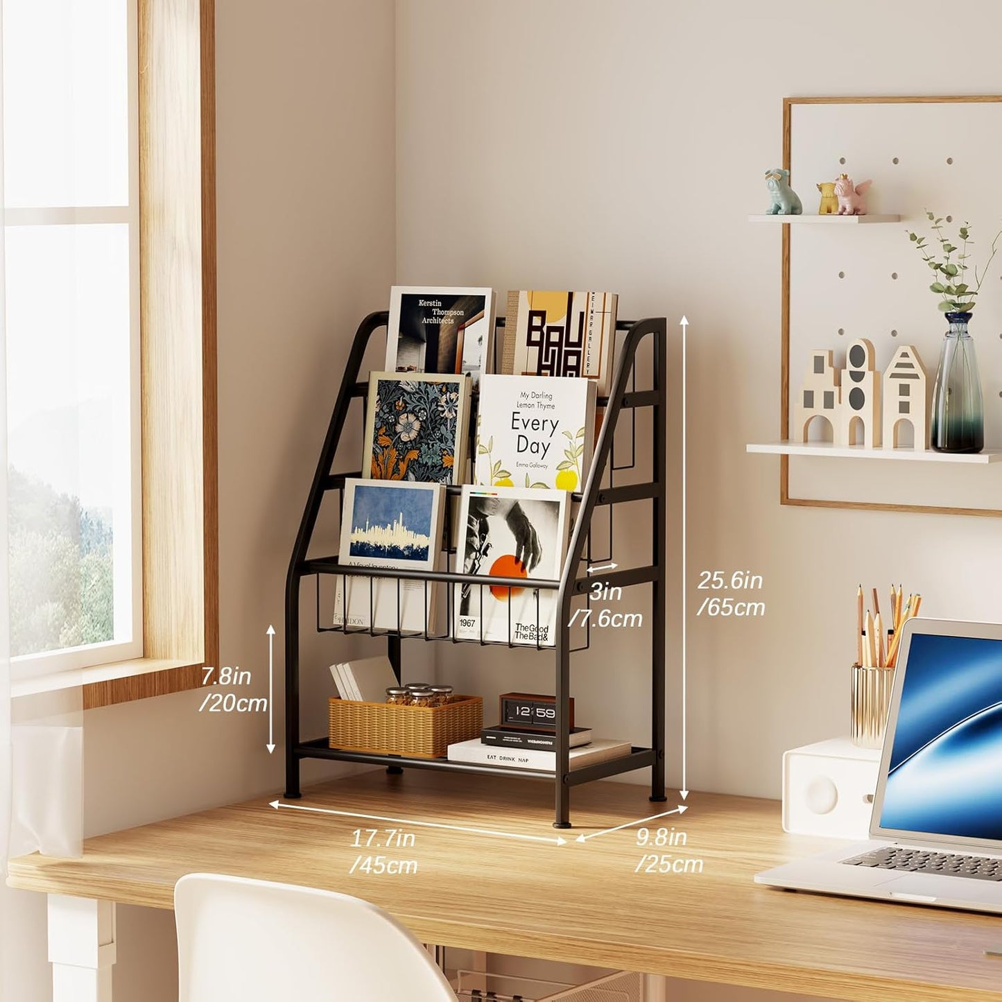 Bookshelf Small Metal for Storage 9.8" D x 17.7" W x 25.6" H, Short Book Shelf for Display and Storage, Ladder Bookcase for Home Office, Black