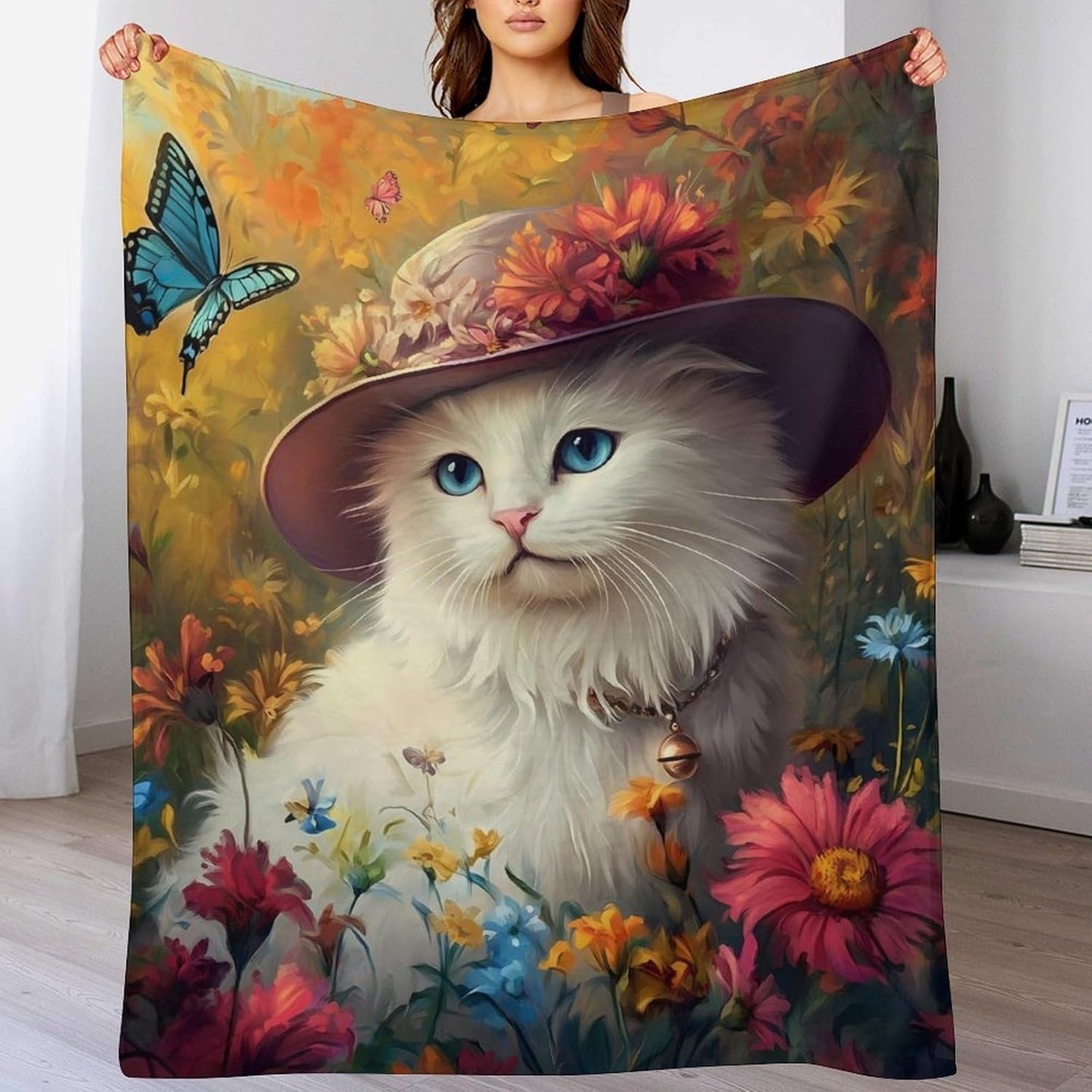 White Cat Throw Blanket for Couch Bed Plush Cozy Fuzzy Flannel Blanket for All Season 70"x80"