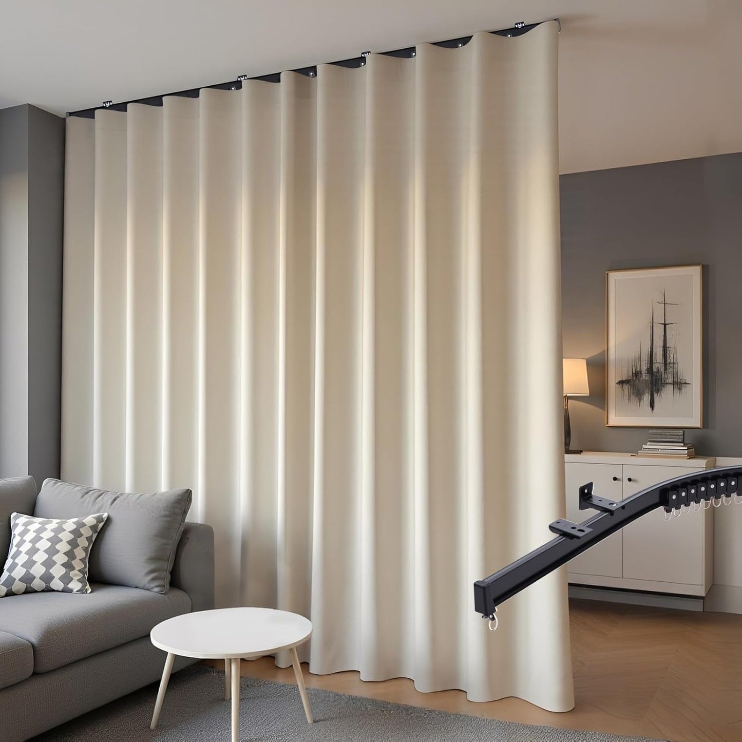Room Divider Blackout Curtains & Ceiling Curtain Track Set Wall Mount Extra Wide Track Curtains Flexible Sliding Curtain Rod Room Separation Privacy（W 108 x H 84 in Beige Drape & Black Rail）
