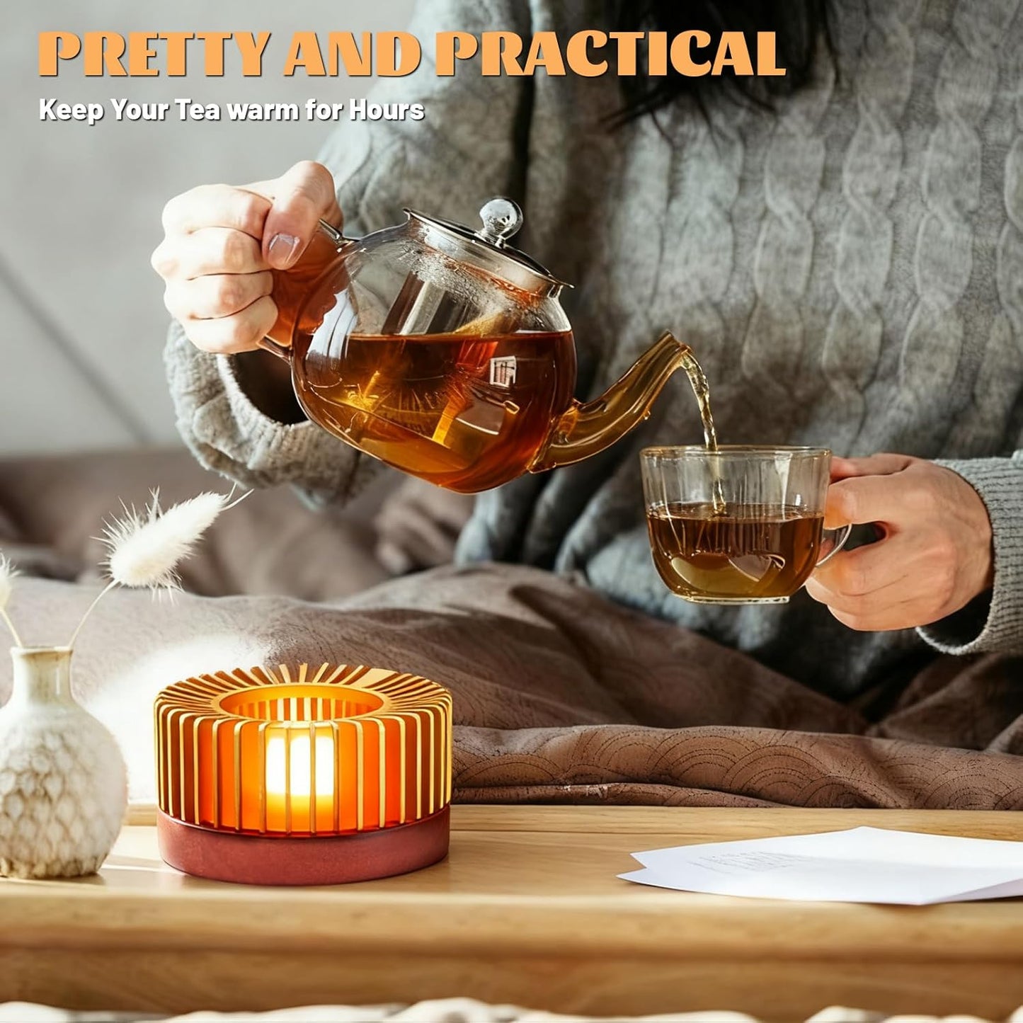 Inmorven Teapot Warmer, Aluminum Tea Warmer with Wooden Base, 4.33 inch Candle Heater for Heating Tea, Coffee, Milk, Food,Camping and Traveling, Suitable for All Teapots - S