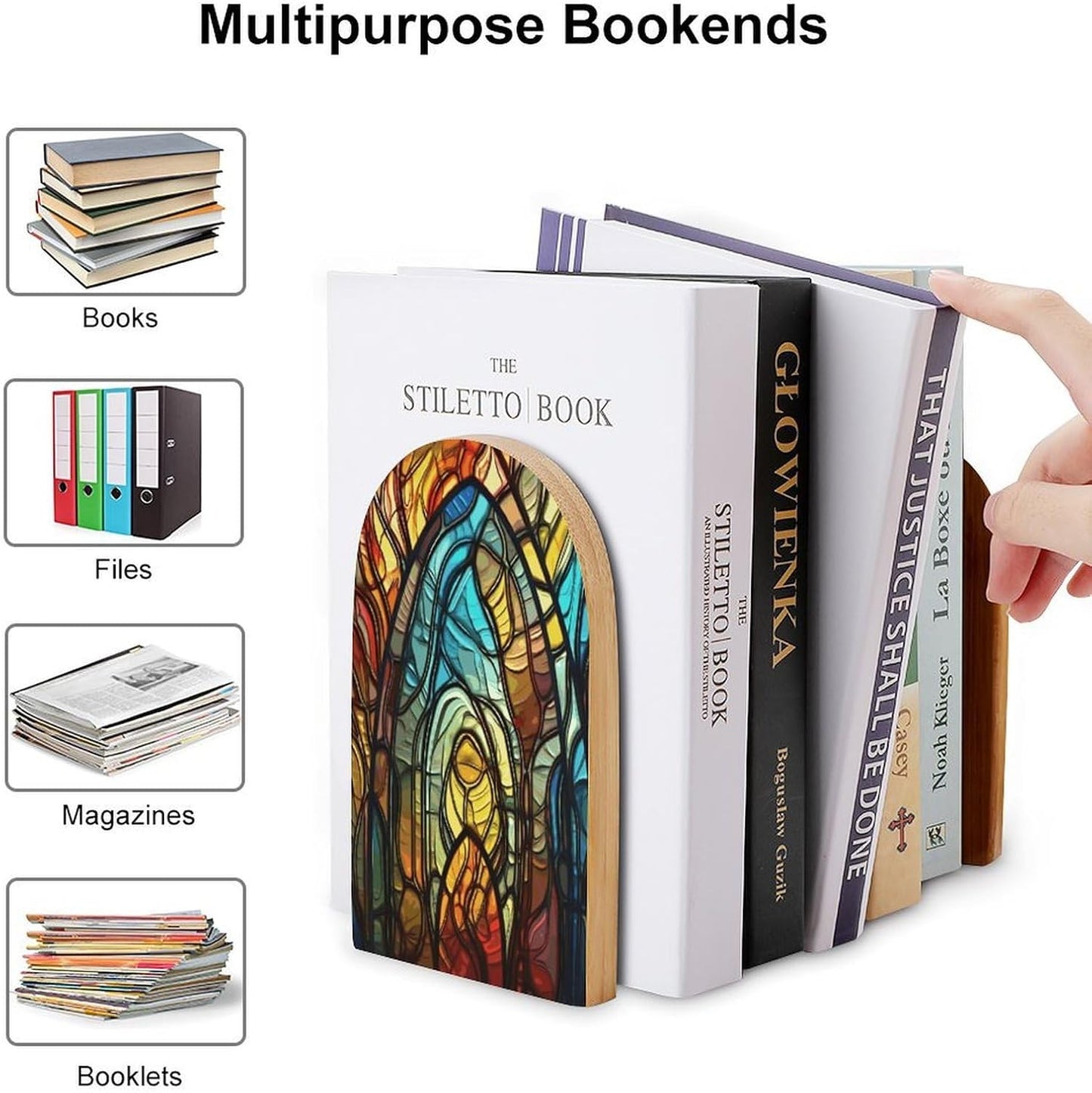 Stained Glass Art Bookend for Shelves Wooden Book End Large Size Sturdy Book Holders Stoppers with Metal Base for Bookshelves Slick Decorative Bookends Stands