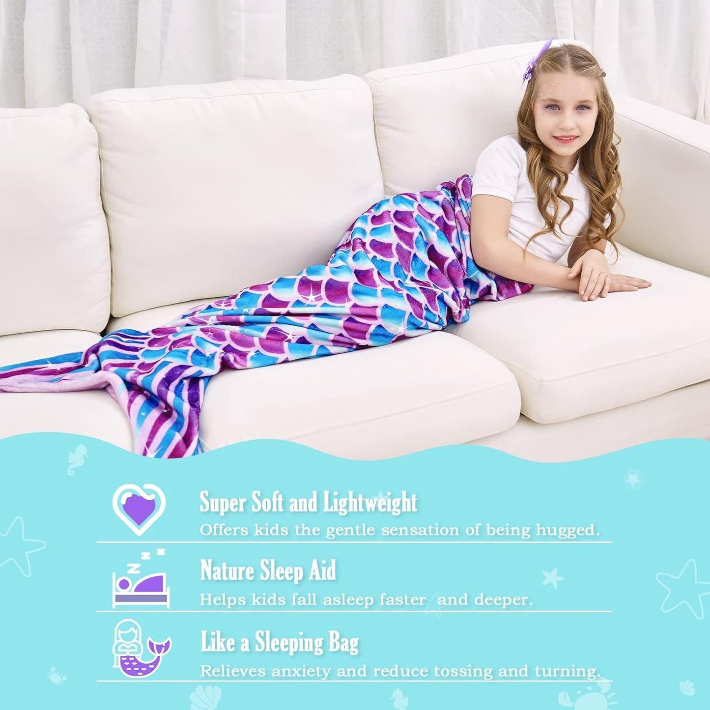 WERNNSAI Mermaid Tail Blanket – Plush Flannel Mermaid-Shaped Throw Blanket for Girls & Teens, Soft Cozy All-Season Blanket for Sofa, Bed & Travel, 55" x 24" (Blue)