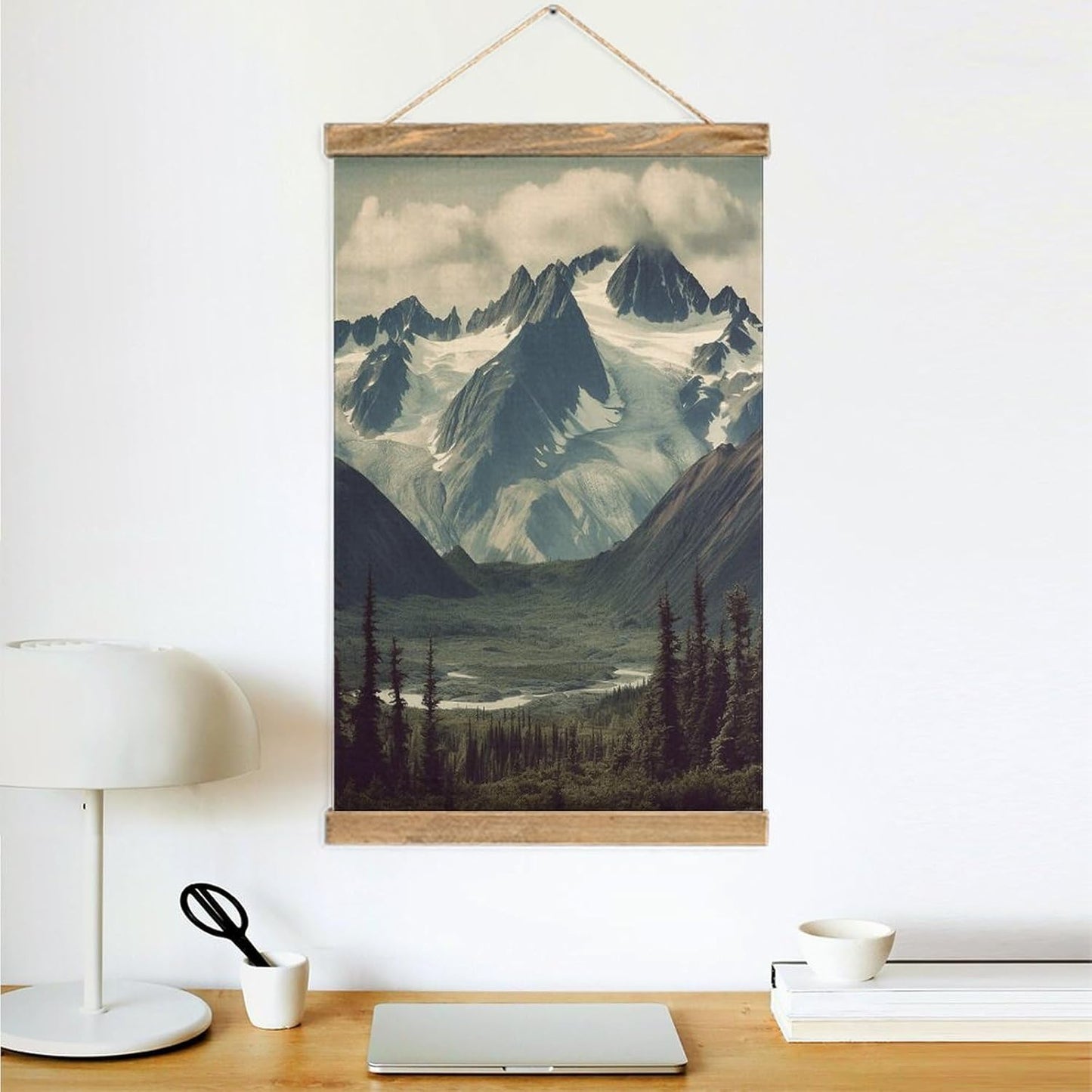 Vintage Alaska Mountains Poster with Wooden Frame Personalized Linen Hanging Scroll Painting Rustic Wall Hanging Illustrative Modern Artwork Decor for Home Living Room Bedroom Office