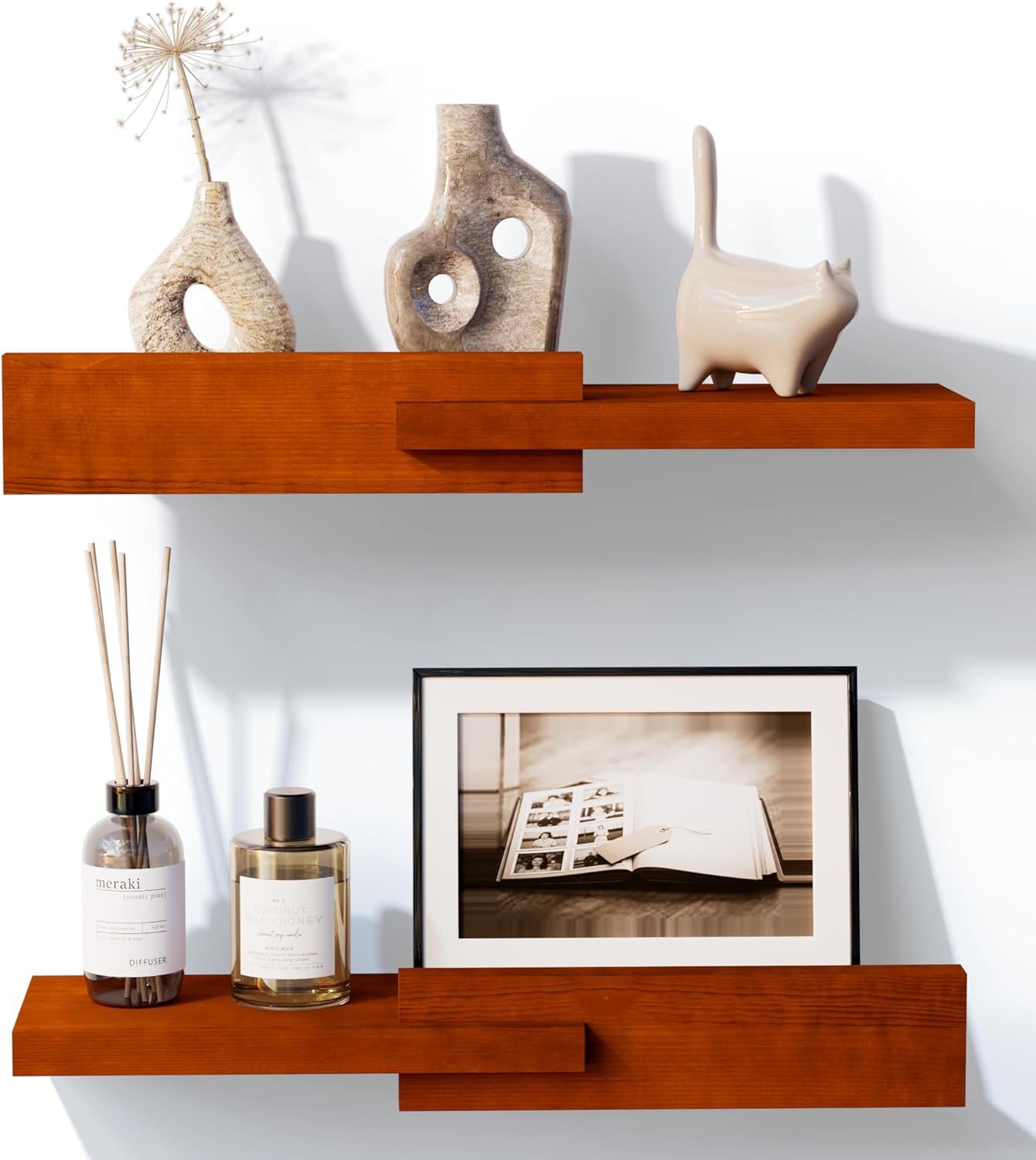 Solid Pine Floating Wall Shelf, Minimalist Wooden Display Shelf with Front Guard Lip, Vinyl Wall Mount, Vinyl Shelf for Records, Books, Plants & Home Decor Rustic Brown