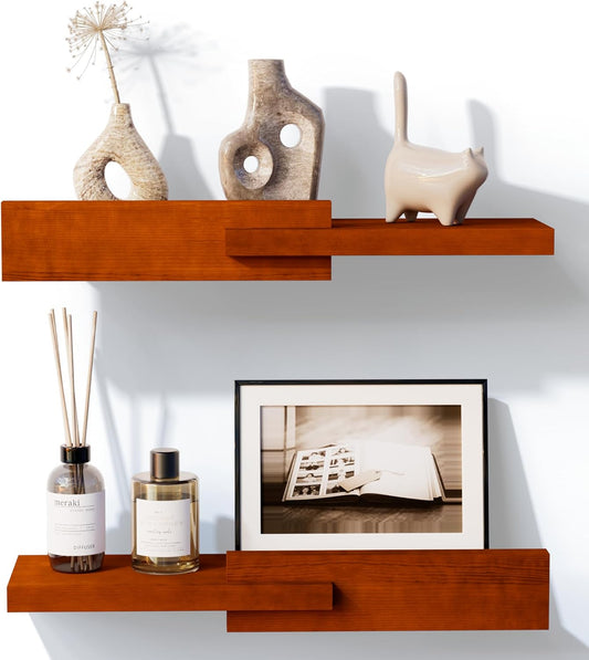 Solid Pine Floating Wall Shelf, Minimalist Wooden Display Shelf with Front Guard Lip, Vinyl Wall Mount, Vinyl Shelf for Records, Books, Plants & Home Decor Rustic Brown