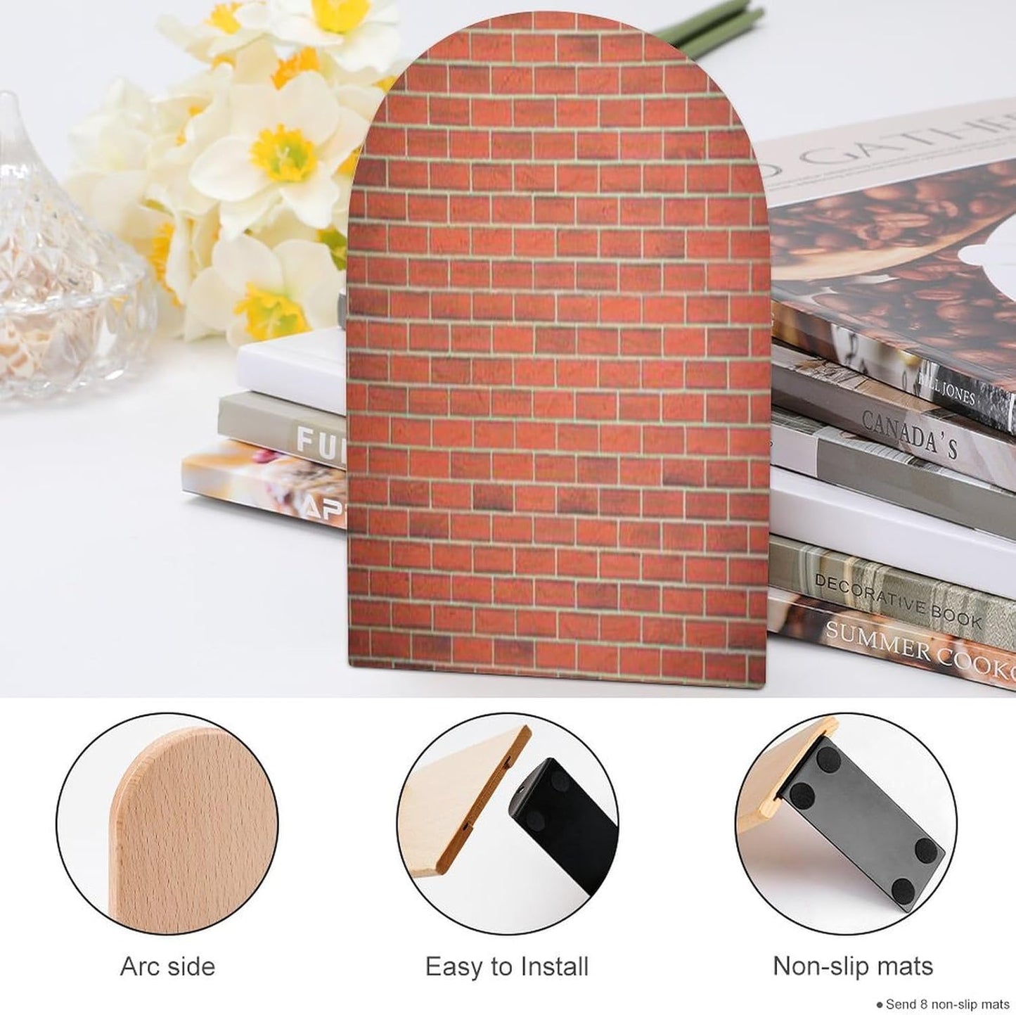 Red Brick Wall Texture Wooden Bookend Non-Slip Book Ends Heavy Duty Book Stopper with Metal Base Books Holderd Decorative Bookends Stands Firmly for Office Supplies
