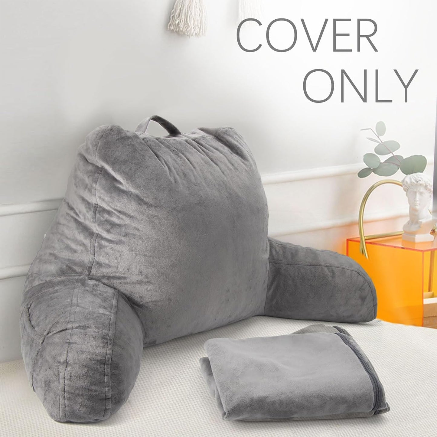 Large Reading Pillow Cover for Backrest Pillow, 19" Soft Polyester Velour Bed Rest Pillow Cover Fits Standard Size Reading Pillows, Dark Grey