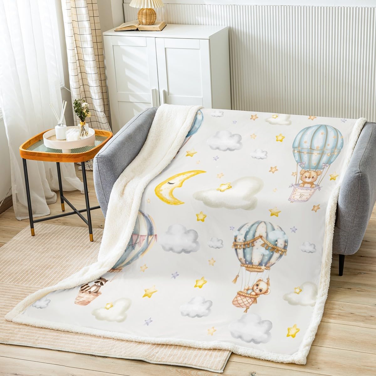 Hot Air Balloon Kids Throw Blanket,Cartoon Red Panda Bear Cute Animals Bed Blanket for Boys Girls,Moon Starry Sky Clouds Fleece Blanket,Blue Grey Fuzzy Blanket,Twin Size (60 x 80 Inches)