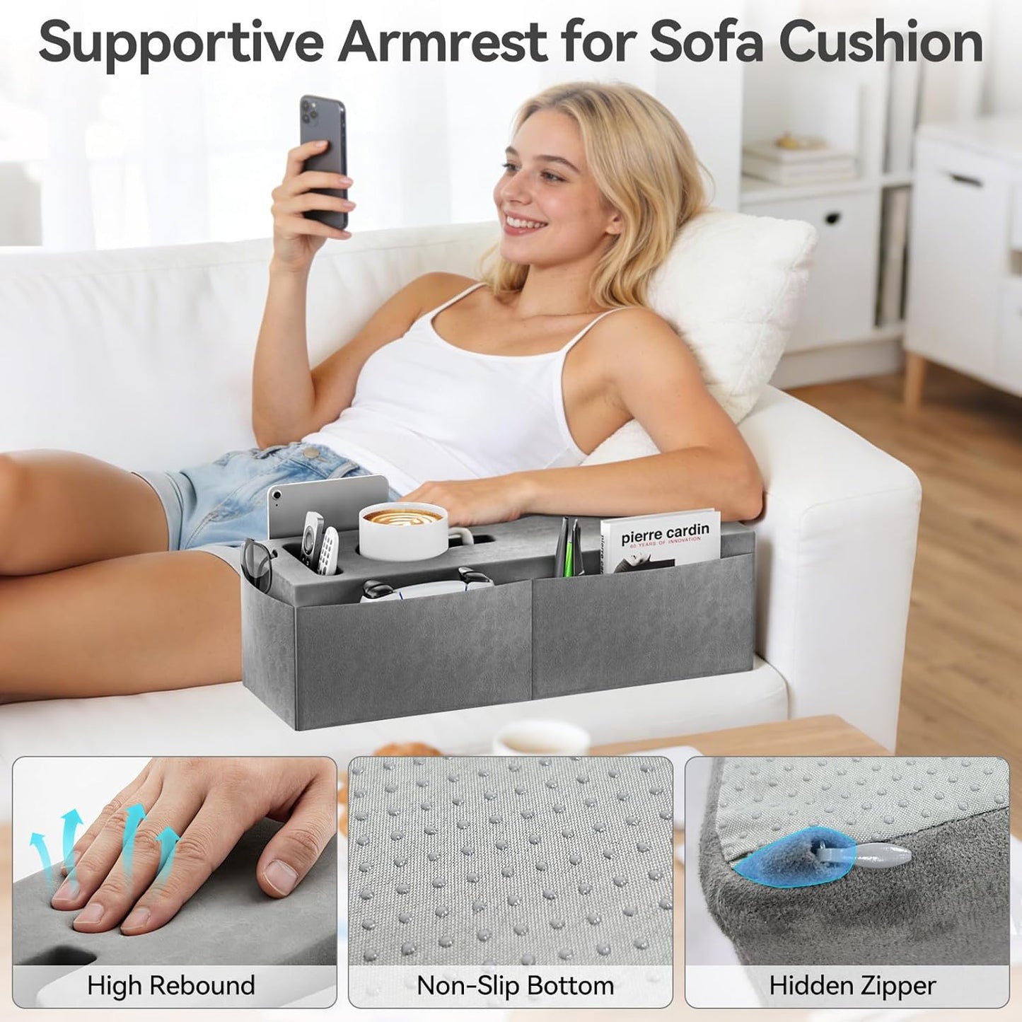Couch Armrest Caddy with Cup Holder, Portable Sofa Armrest Pillow Drink Holder Table Tray with 5 Large Side Storage Pockets, Portable Sofa Rrmrest for Reading & Bed Rest Pillows armrest couch- 2 Packs