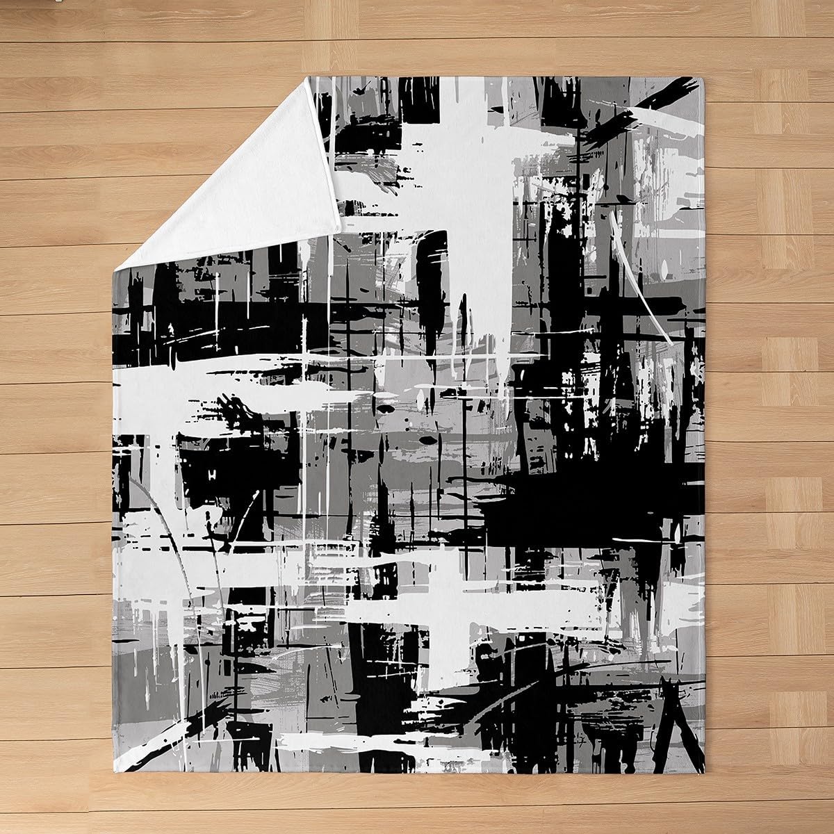 Abstract Fleece Blanket,Black and Gray White Hippie Graffiti Paint Throw Blanket for Sofa Adults,Modern Artistic Brush Smear Soft Blanket Bed Couch,Queen (90 x 90 Inches)